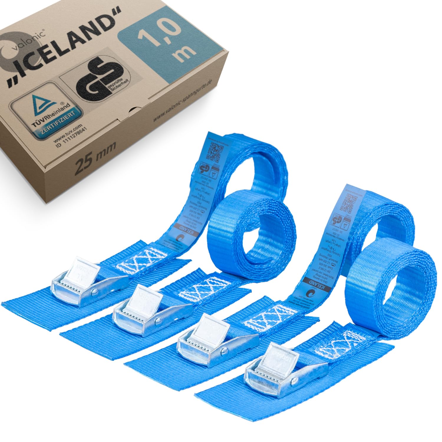 valonic Iceland - 4X 1m Kurze Spanngurte mit Pad, Blaue Fahne, 25mm, 250kg, TÜV Rheinl. / GS Zertifiziert EN-12195-2 - Spanngurt mit Klemmschloss für Fahrradträger, Fahrrad, Kajak, kurz, blau