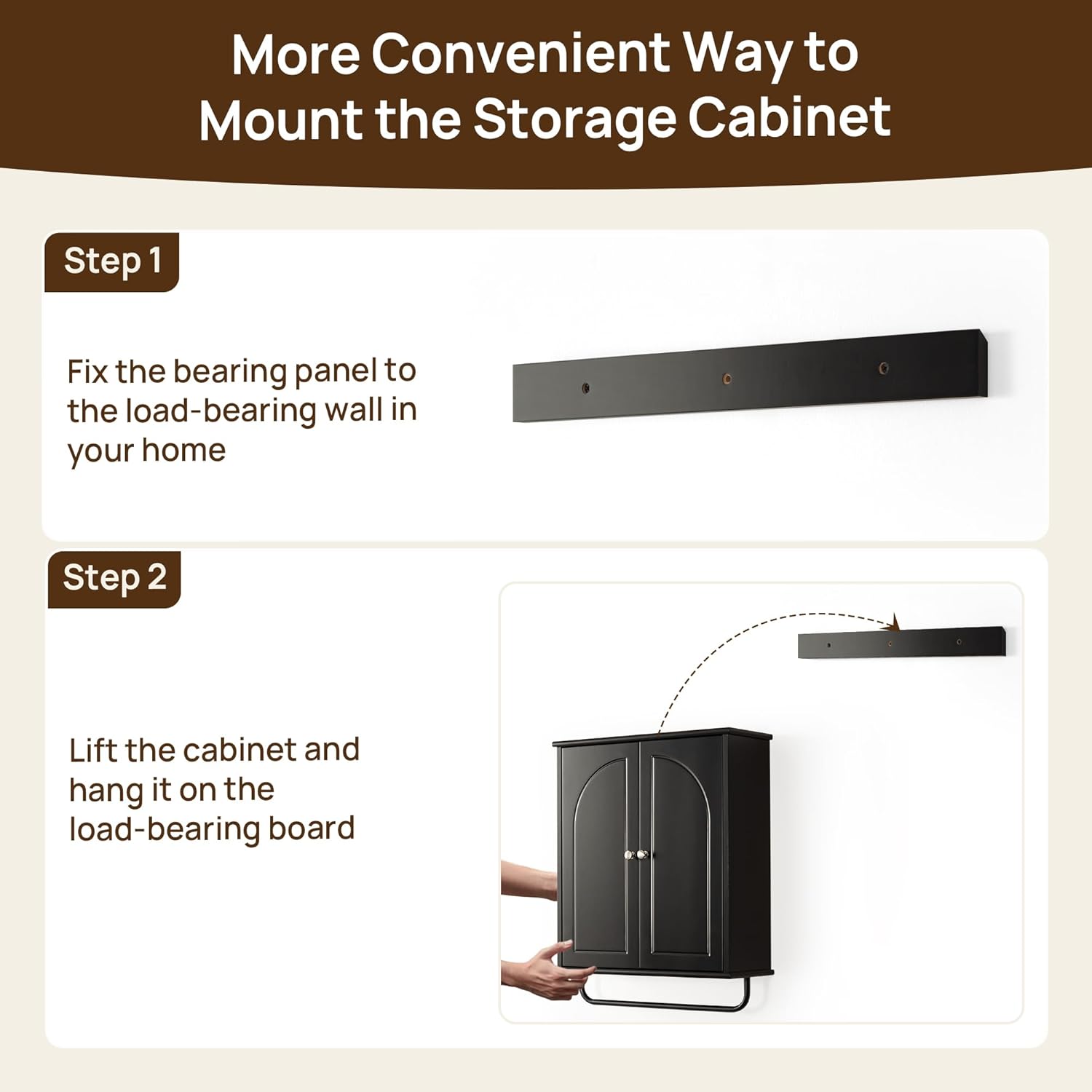 Bathroom Storage Cabinet with Adjustable Wood Shelves, Unique Arched Groove Design On The Door, Wall Mounted with Towels Bar, Over The Toilet Storage Cabinet with DTC Silent Buffering Hinge