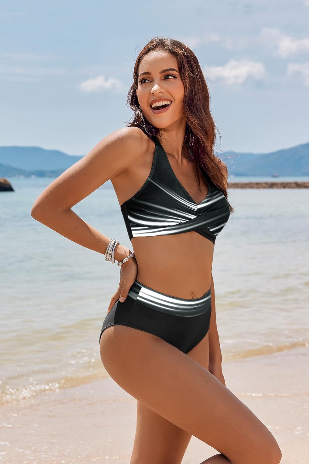 AI'MAGE Women's High Waisted Bikini Sets Tummy Control Swimsuits 2026 Two Piece Bathing Suits Color Block Halter Swim Suits - Image 3