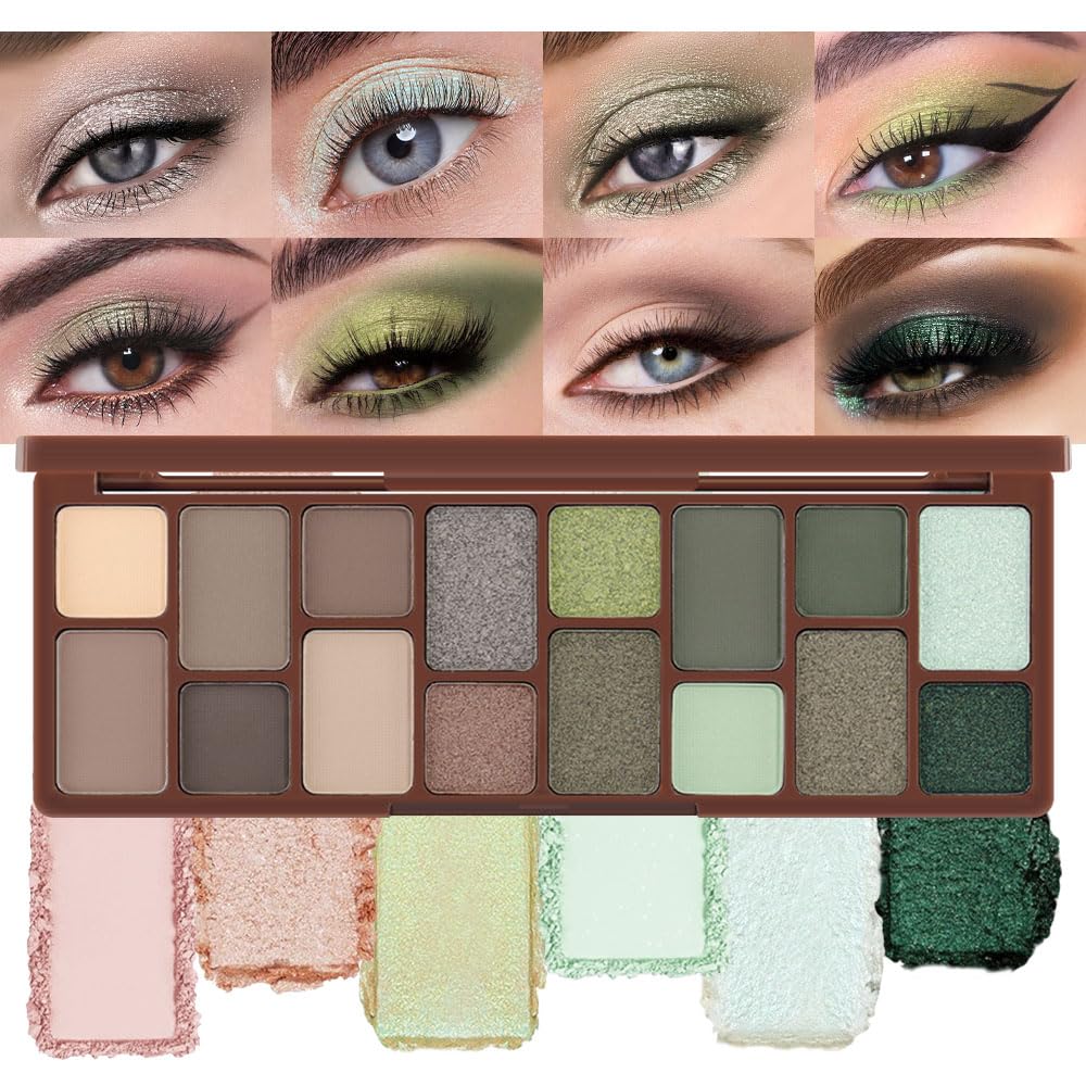 AMY'S DIARY 16 Color Nude light dark Brown Green Eye shadow Palette Makeup, Long Lasting, and Highly Pigmented. Waterproof camo Green eyeshadow