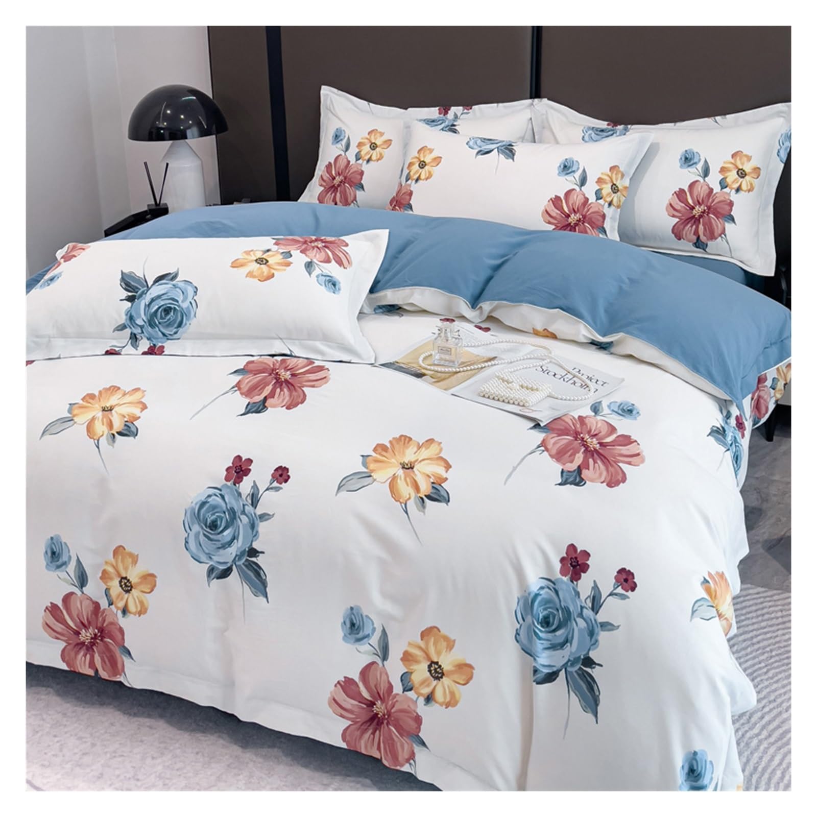 Housse de couette motif floral coton parure de lit 4 pièces lit 2 personnes