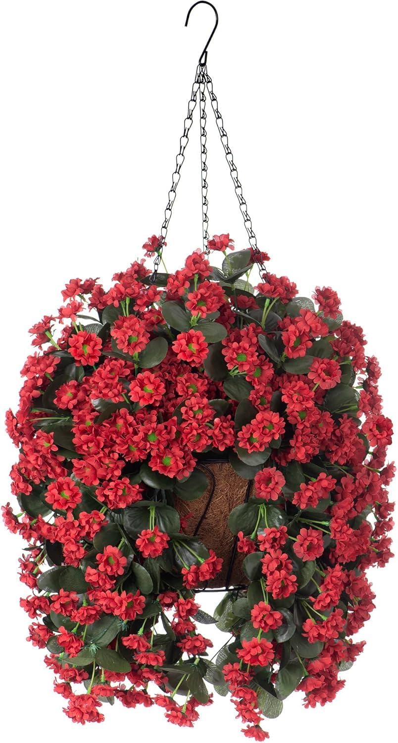 Hanging Baskets Artificial Flowers for Outdoor Interior Decor, Artificial Daisies Flowers Shrubs Plants with Baskets for Home Porch Garden Patio Patio Spring Summer Decor(Pink)