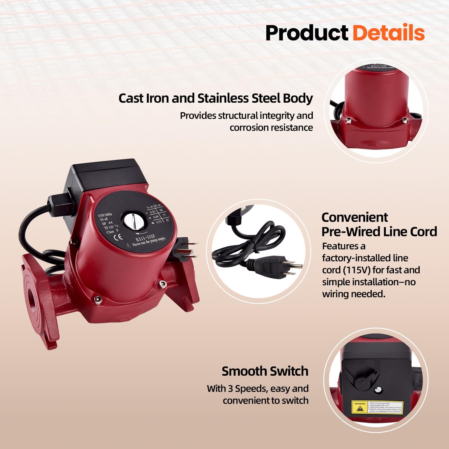 UPS15-55SFC Stainless Steel Water Circulator Pump 59896773, 3-Speed 1/12HP 115V 60Hz High-Efficiency Water Recirculating Pump for Hydronic, Radiant Floor & Domestic Hot Water Systems