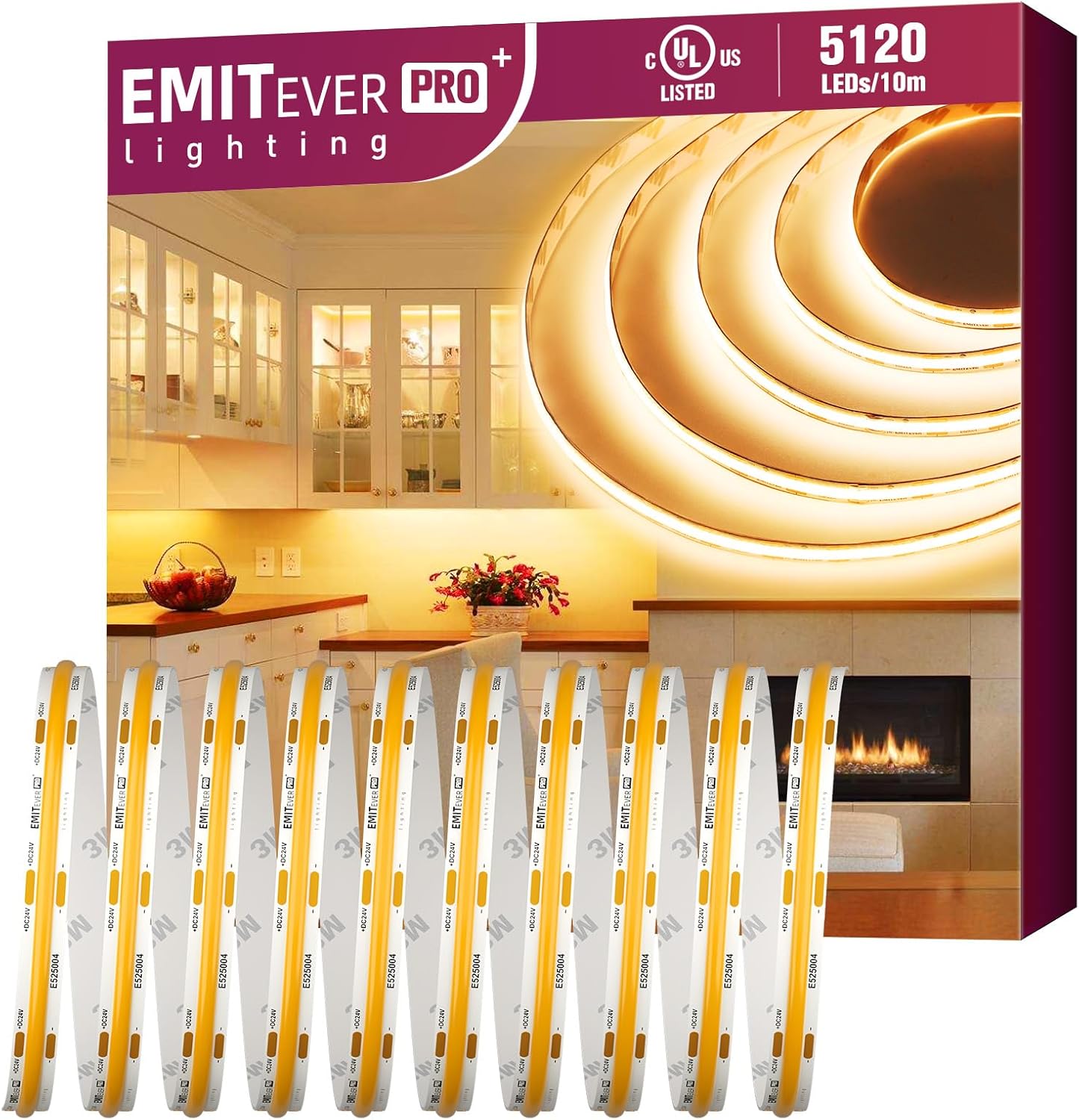 EMITEVER COB LED Strip Lights Warm White, 2700K Tape Light Premium High Density, DC 24V, 360+Lumens/ft, 5120LEDs/Spool, Ra 90+, 32.8ft/10m,UL Listed 5 Year After-Service(Power Supply Sold Separately)