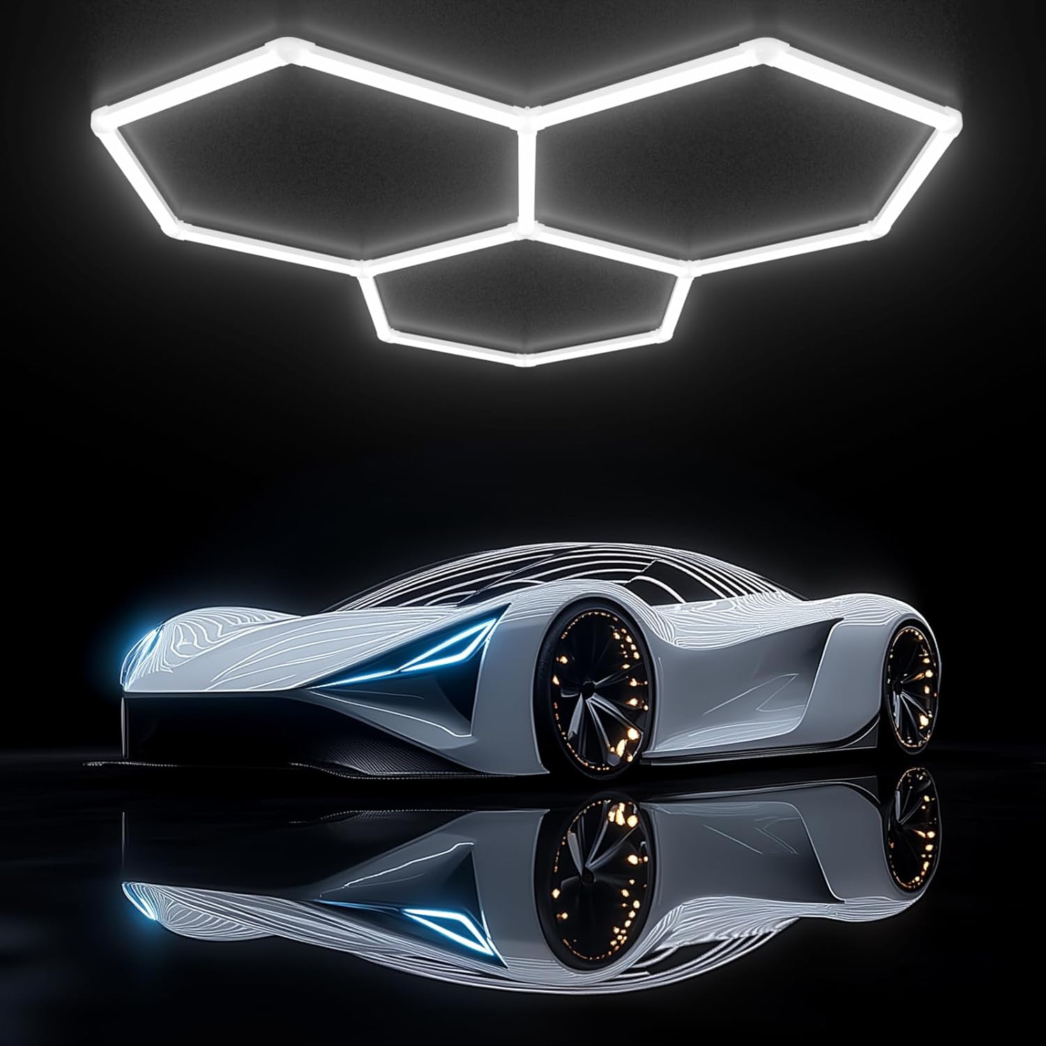 Hexagon Garage Lights-128W LED,5000K 14080LM Updated Bigger Size 16 Pack Lights for Car Detailing,Workshop,Basement,Gym,Bar