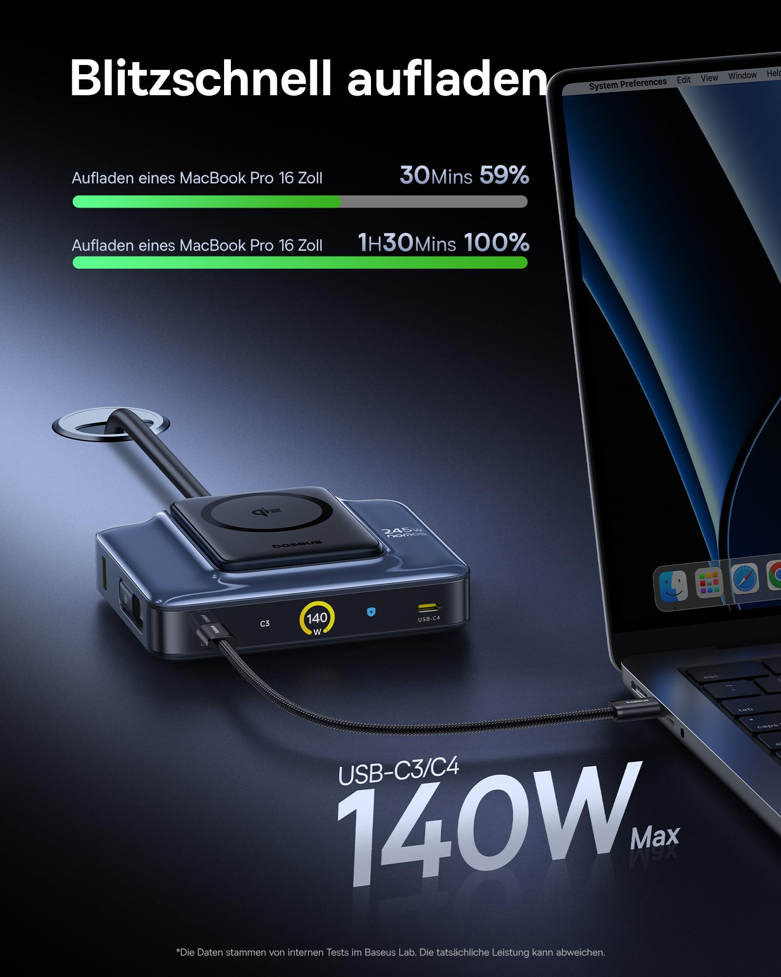 Baseus USB C Ladegerät 245W USB C Netzteil PD Ladegerät mit PPS, GaN Schnellladegerät kompatibel mit MacBook Pro/Air, iPad Pro, Steam Deck, iPhone 16-12 Serie, Galaxy S24 Ultra-S20, Pixel usw
