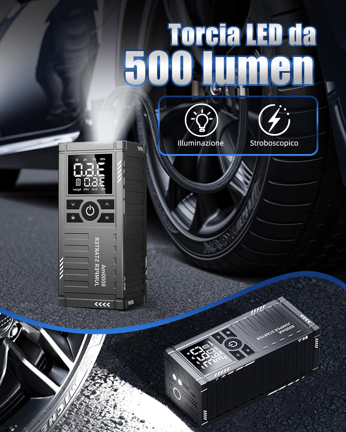 4500A Avviatore Batteria Auto con Compressore 150PSI, Booster Avviamento Auto Professionale per Motori 8L Gas / 6L Diesel, Jump Starter Portatile 12V e Starter Auto Portatile con Display LED