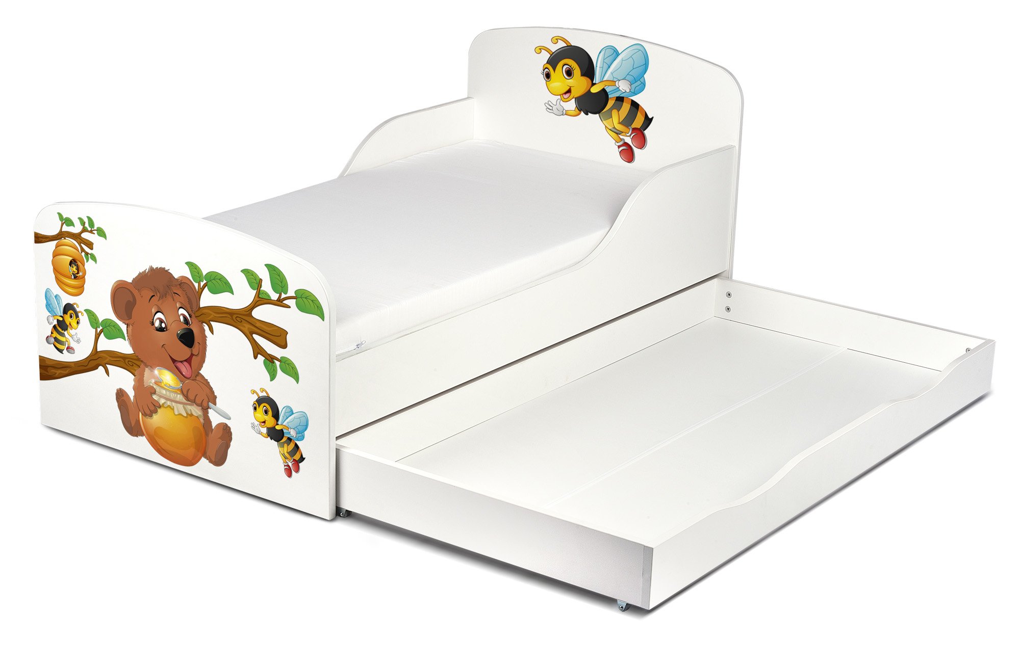 Leomark Einzelbett aus Holz - Honig und Bär - Kinderbett mit Schubladen für Bettwäsche, Stauraum, Holzbett mit Matratze + Lattenrost, Komplett Set, Liegefläche 70/140 cm, UV-Druck