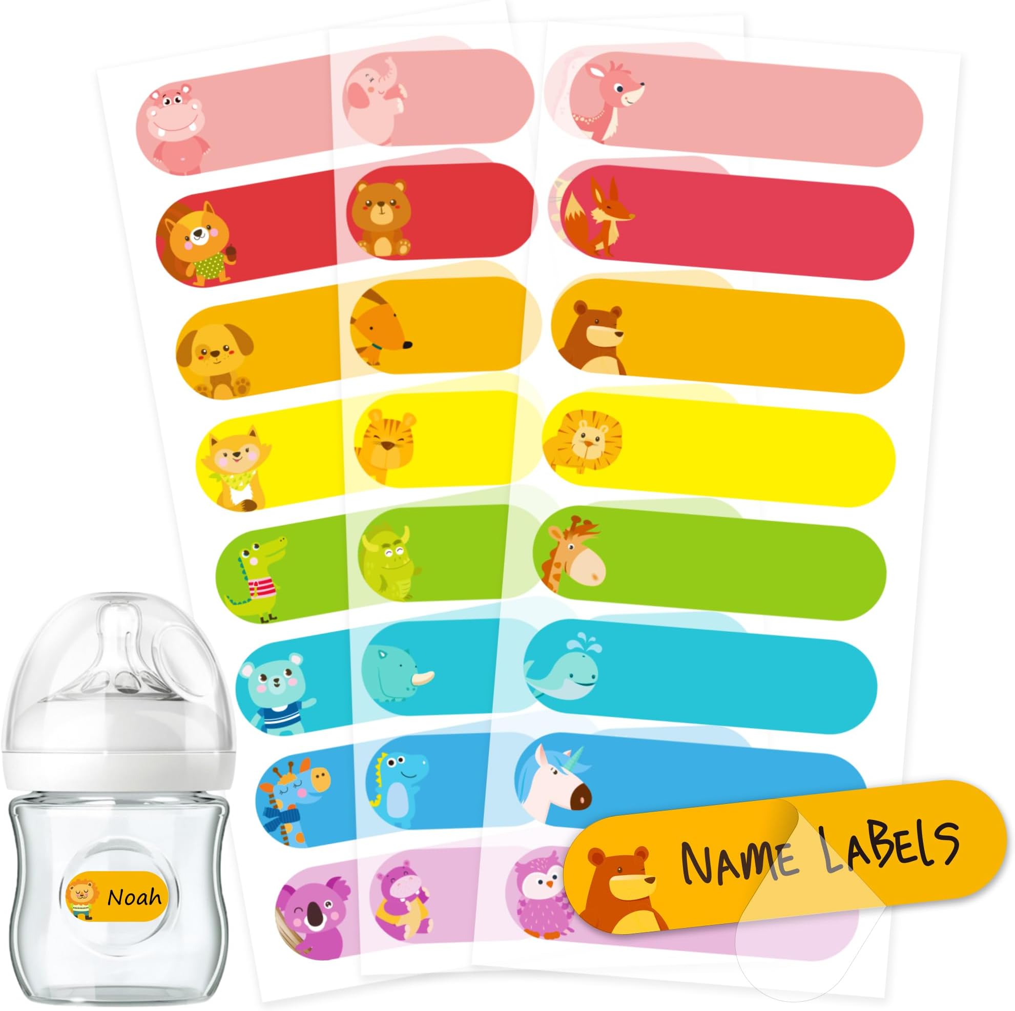 Baby Bottle & Daycare Name Labels, Self-Laminating Waterproof Stickers for Kids Stuff, Dishwasher Safe Write-On Name Tags for School & Home, Assorted Sizes & Colors, Pack of 64 (Animal Friends)
