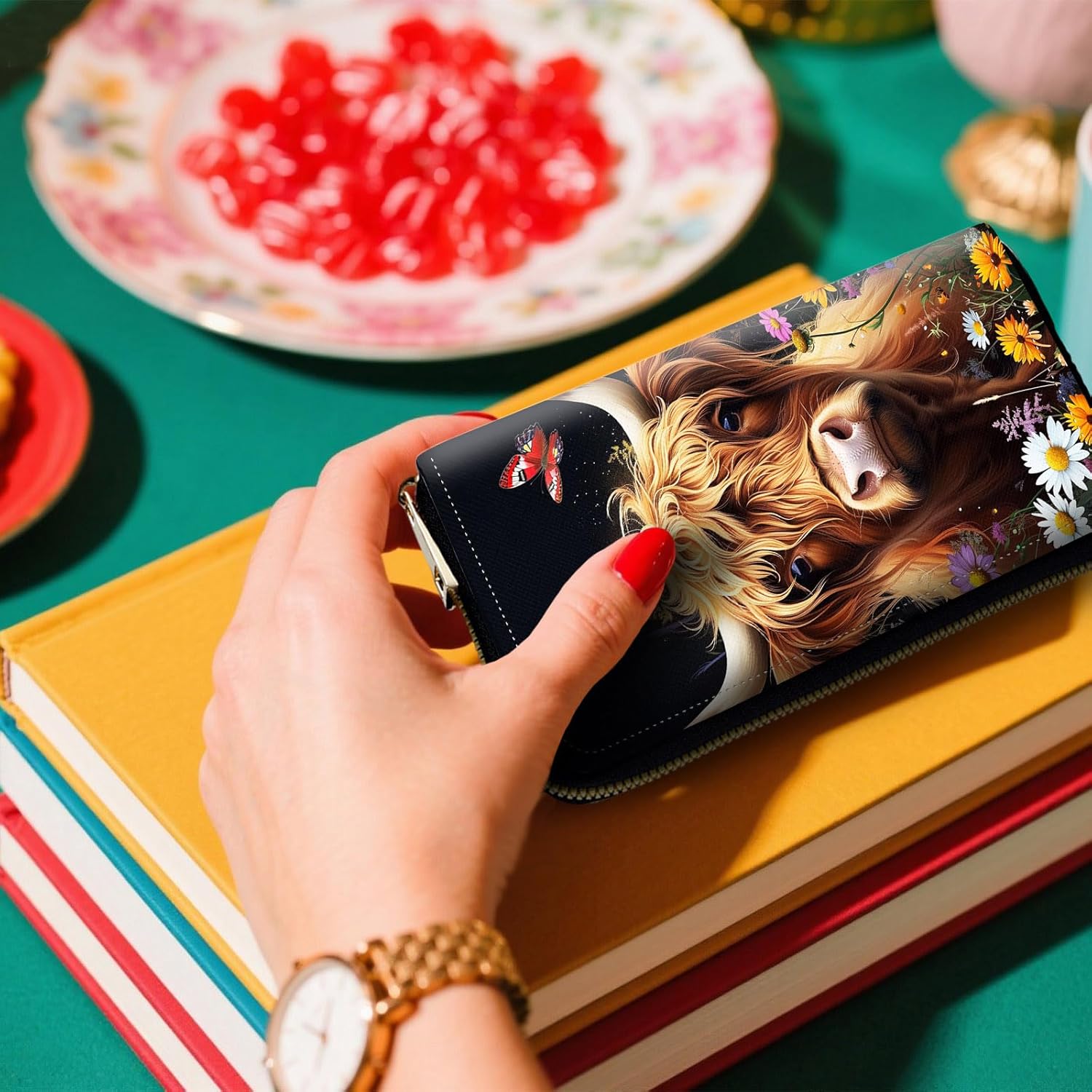 RFID-Blocking Zip Around Wallets for Women with Detachable Wrist Strap, Large Capacity Credit Card Holder for Secure Everyday Use,Cute Floral Highland Cow - Image 6