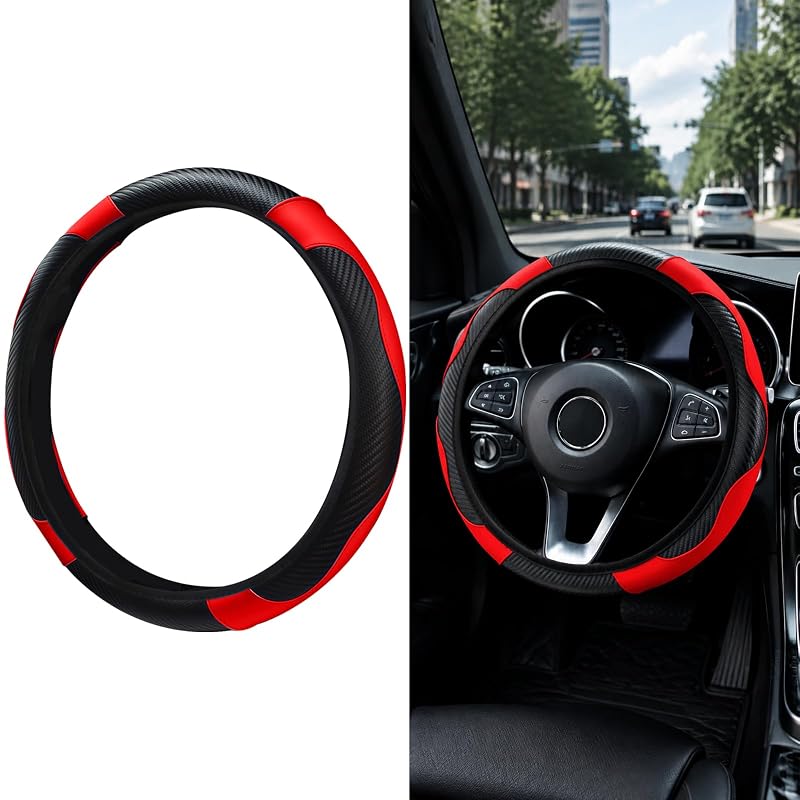 Capa para volante automotivo de 38,1 cm em couro sintético com textura de fibra de carbono vermelha Wbshyy