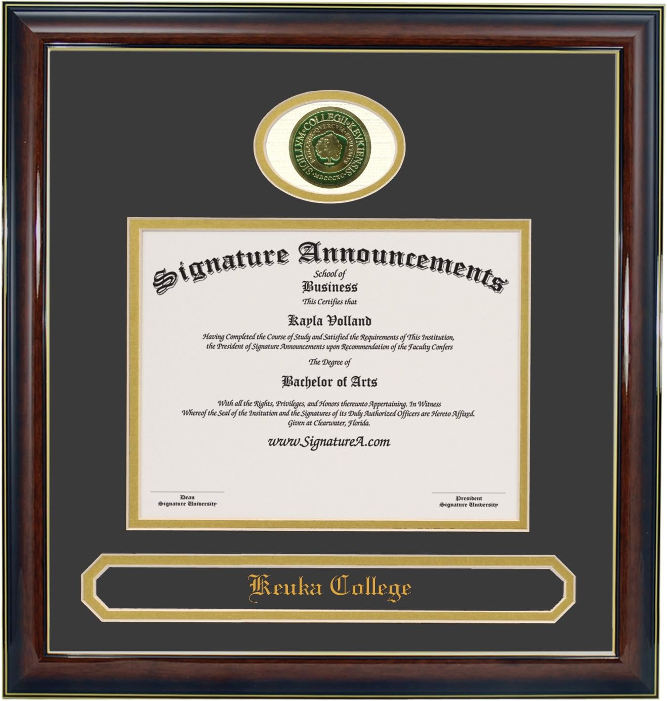 Signature Announcements Keuka-College Sculpted Foil Seal & Name Graduation Diploma Frame, 16" x 16", Gold Accent Gloss Mahogany