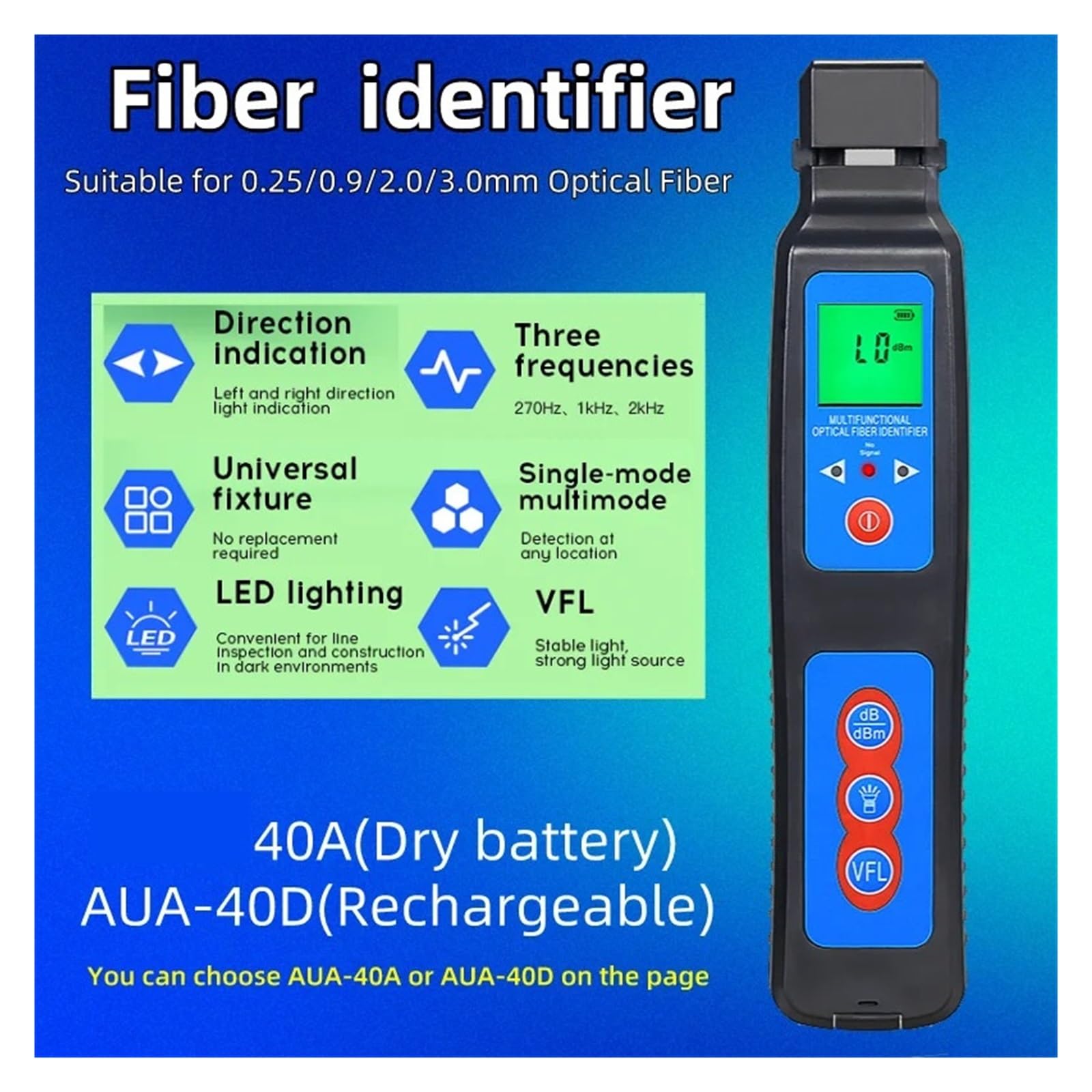 Optisches Leistungsmessgerät, 40 A (Trockenzelle)/40 D (Laden) Glasfaser-Identifizierungsgerät + 10 MW VFL + LED-Beleuchtung, Live-Glasfaser-Identifizierungsdetektor(40A)