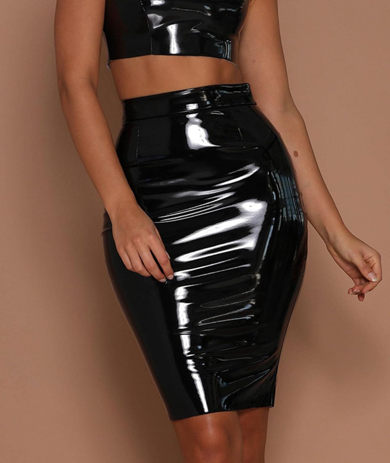SEMATOMALA Women's Latex Pencil Midi Skirt High Waisted Bodycon PVC Metallic Wet Look Office Lady Knee Length Skirt - Image 3