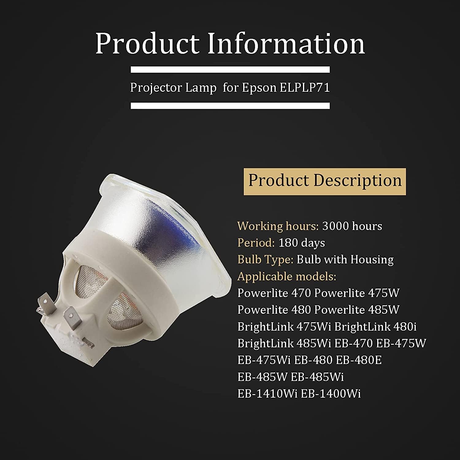 YUHAOYA Replacement Projector Lamp for ELPLP71 / V13H010L71 Epson BrightLink 475Wi 480i 485Wi PowerLite 470 475W 480 485W eb-475wi eb-485wi 1410Wi Bulb with Housing