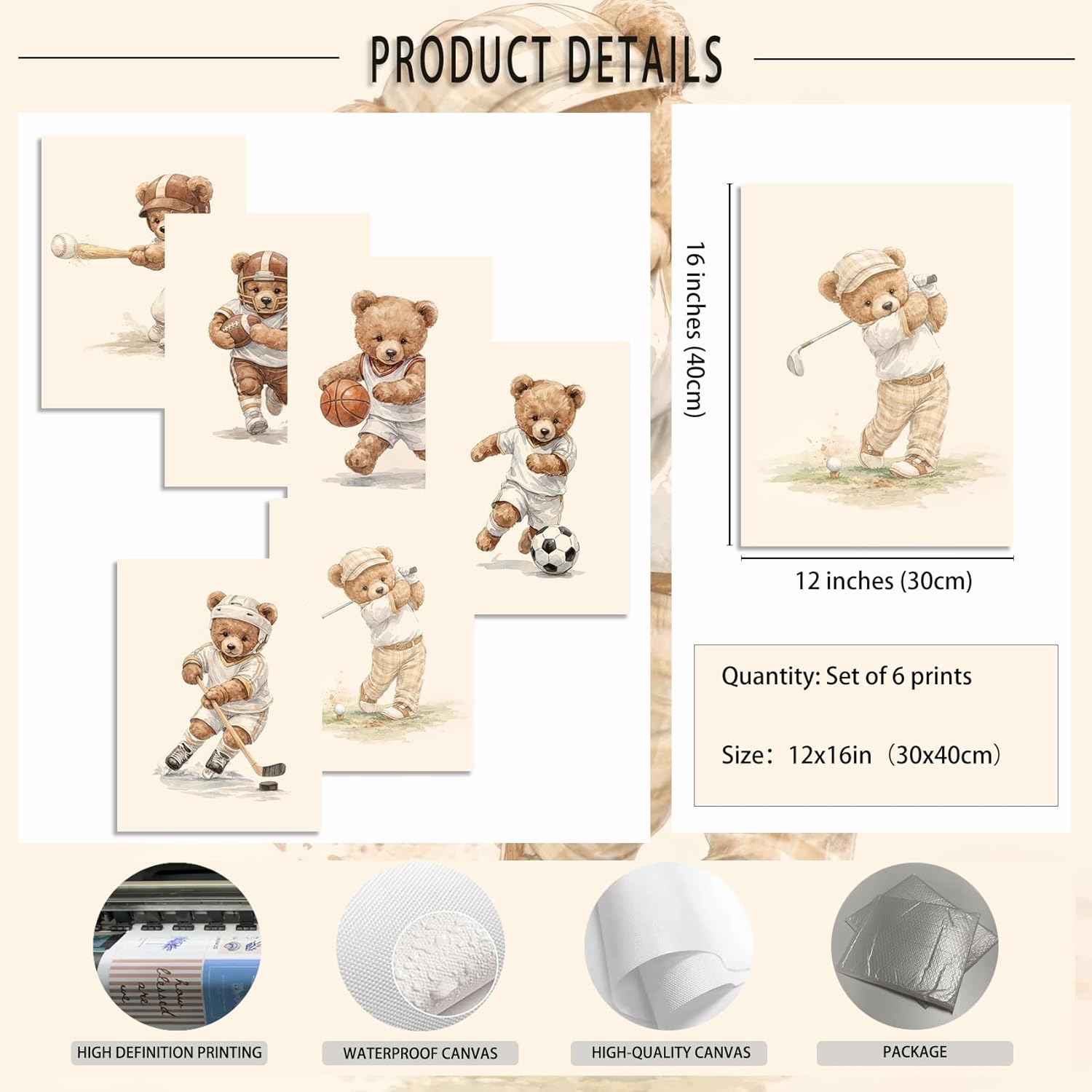 6Pcs Sports Teddy Bear Nursery Wall Art Kids Vintage Cute Animal Wall Decor Pictures Golf Baseball Rugby Canvas Posters Prints for Children Bedroom Playroom Home Decoration 12x16in Unframed