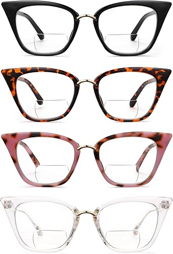 Miniatura 4 de Paquete de 4 lentes de lectura bifocales para mujer, diseño de ojo de gato, de gran tamaño, bloqueo de luz azul, lectores de computadora con bisagra