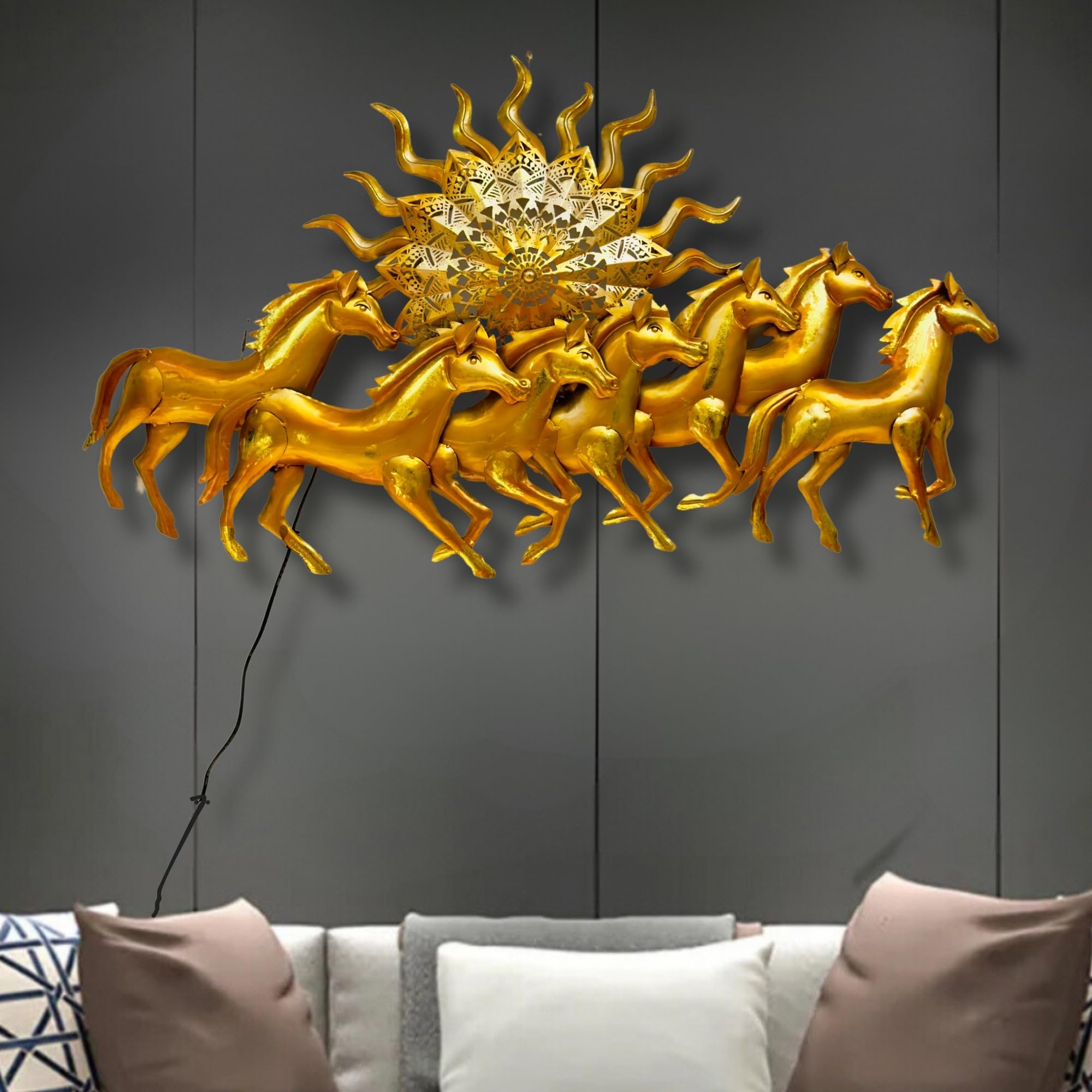 Golden Motion（ゴールデン・モーション） インテリアアート ZXC Metal Golden 7 Horses Running With LED Light Wall decor Wall