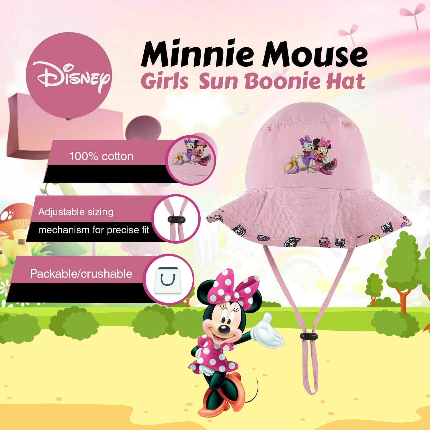 Disney Minnie and Mickey Girls and Boys Sun Boonie Hat - 100% Cotton (Pink)
