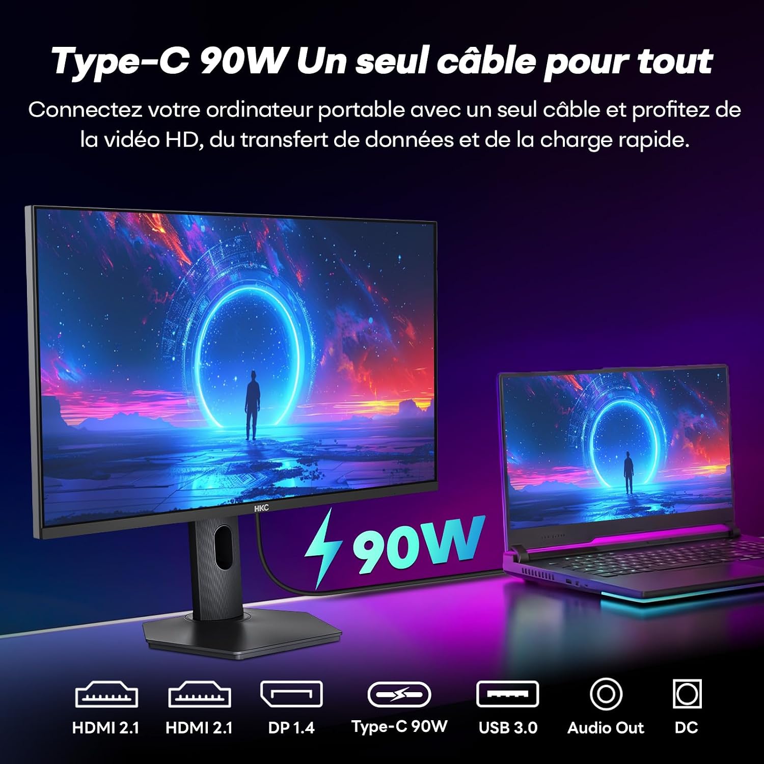 Monitor connectivity ports including HDMI 2.1, DisplayPort 1.4, USB-C 90W, USB 3.0, and Audio Out