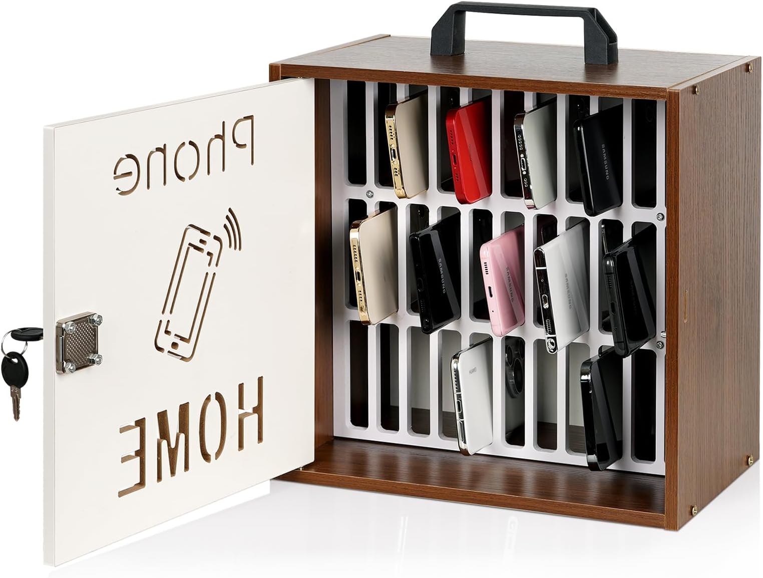 Cell Phone Holder Classroom 33 Slots Wooden Cell Phone Storage Cabinet Pocket Chart with Handle and Security Lock for Classroom Office (Black Walnut)