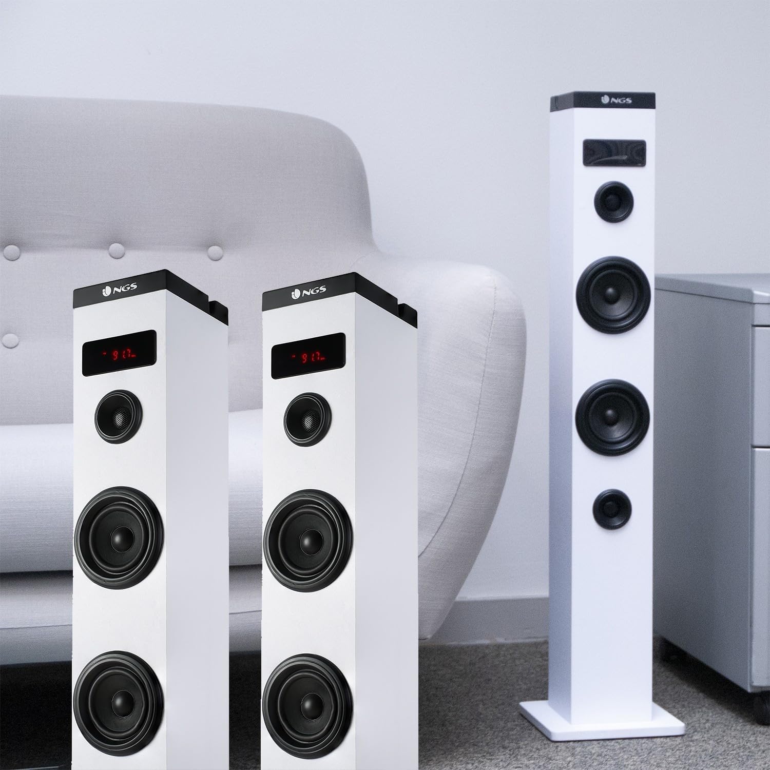 Bmi Enceinte Colonne Tour de Son Bluetooth 50W NGS SKYCHARM avec Télécommande, Entrée Optique, USB, Radio FM et AUX in - White
