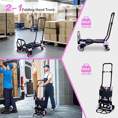 Miniatura 2 de Carro de mano plegable 2 en 1 con cesta, carrito de mano plegable de capacidad de 330 libras, carretilla de mano plegable con mango retráctil,