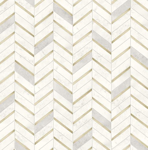 NextWall Faux Chevron Marble Tile Peel and Stick Wallpaper (Metallic