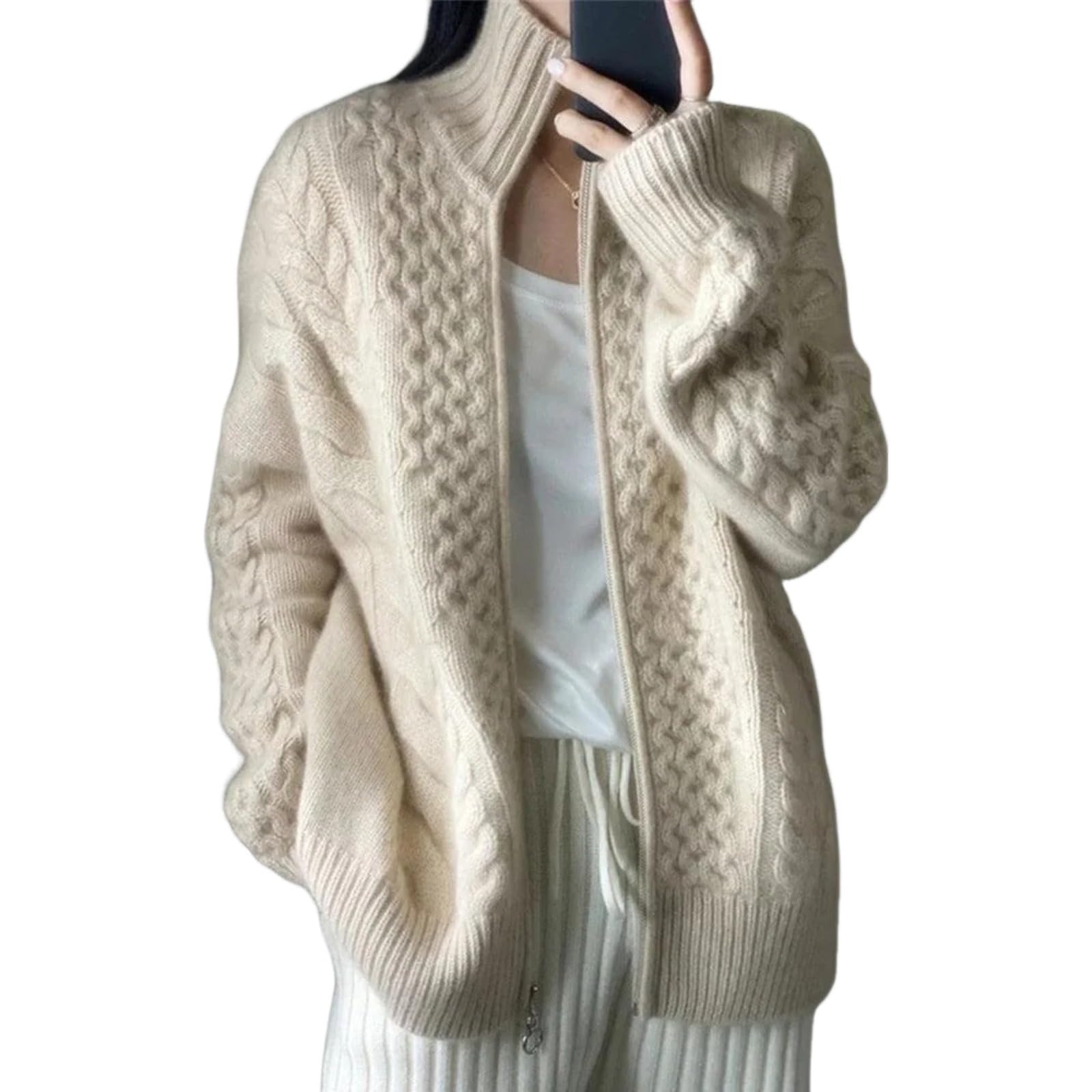 Womens Zip up Wool Knit Cardigan Sweater Chunky Long Sleeve Open Front Cardigan 2025 Fall Winter Coats High