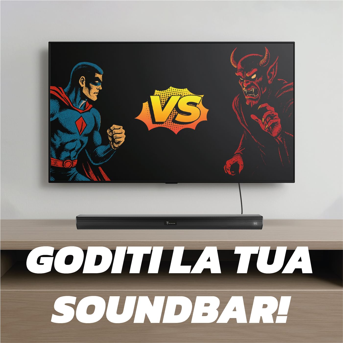 TECHMADE Soundbar TV 2.0 Bluetooth 120W HDMI ARC USB AUX Ottico Audio Potente Bassi Profondi Compatta