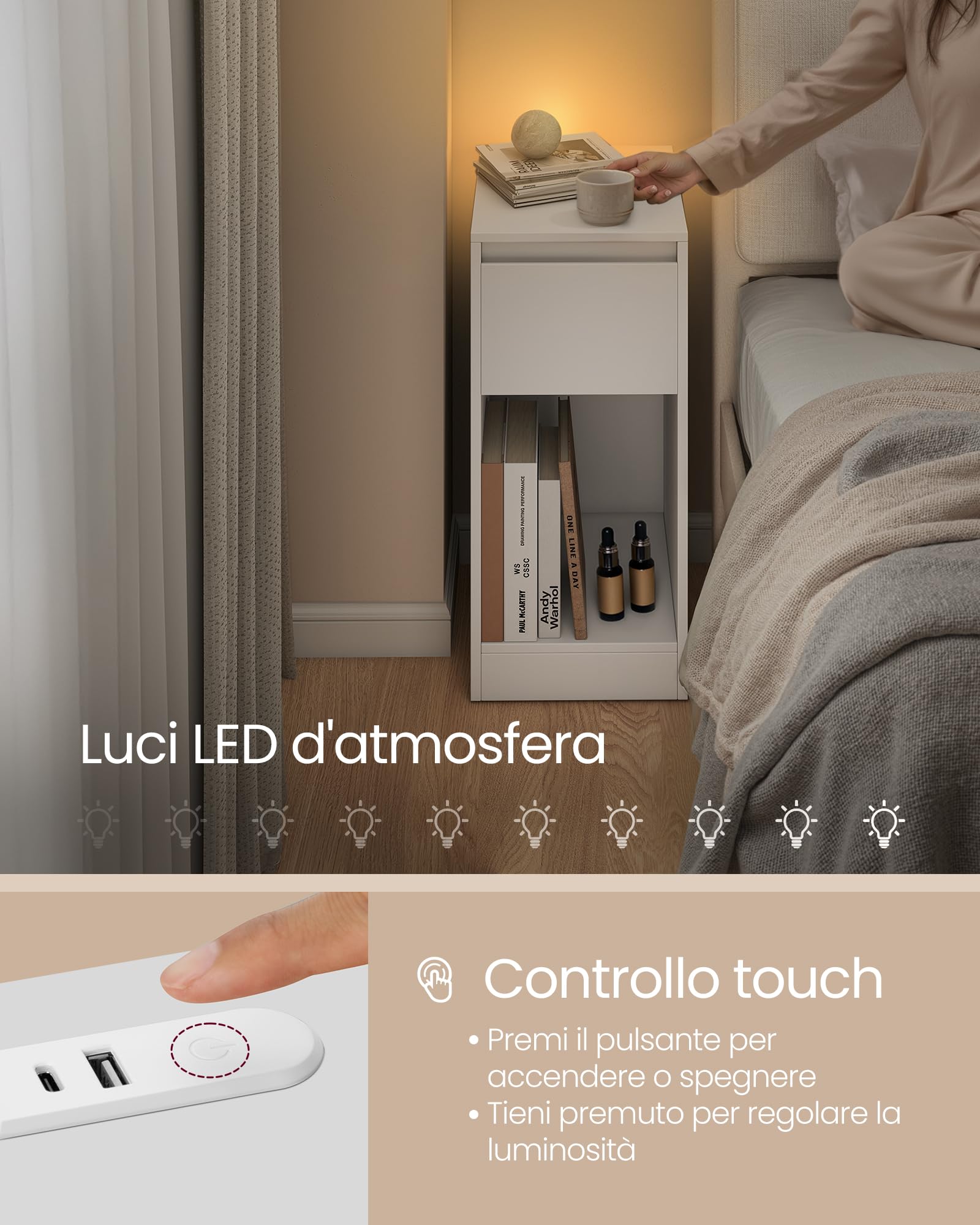 VASAGLE Comodino sottile con stazione di ricarica e luce LED, set di 2 tavolini laterali stretti, porte USB, cassetto e scomparto aperto, per camera da letto, soggiorno, bianco nuvola LET710W01
