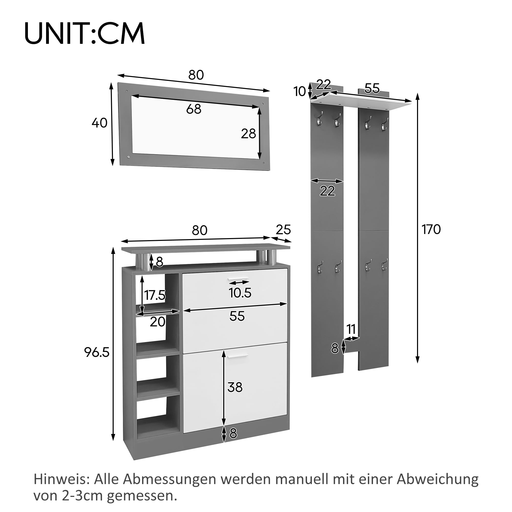 Merax Garderoben-Set 3-teilig, Flur Garderoben Komplettprogramme mit Schuhschrank, Wandspiegel, Garderobenpaneele, Grau & Weiß