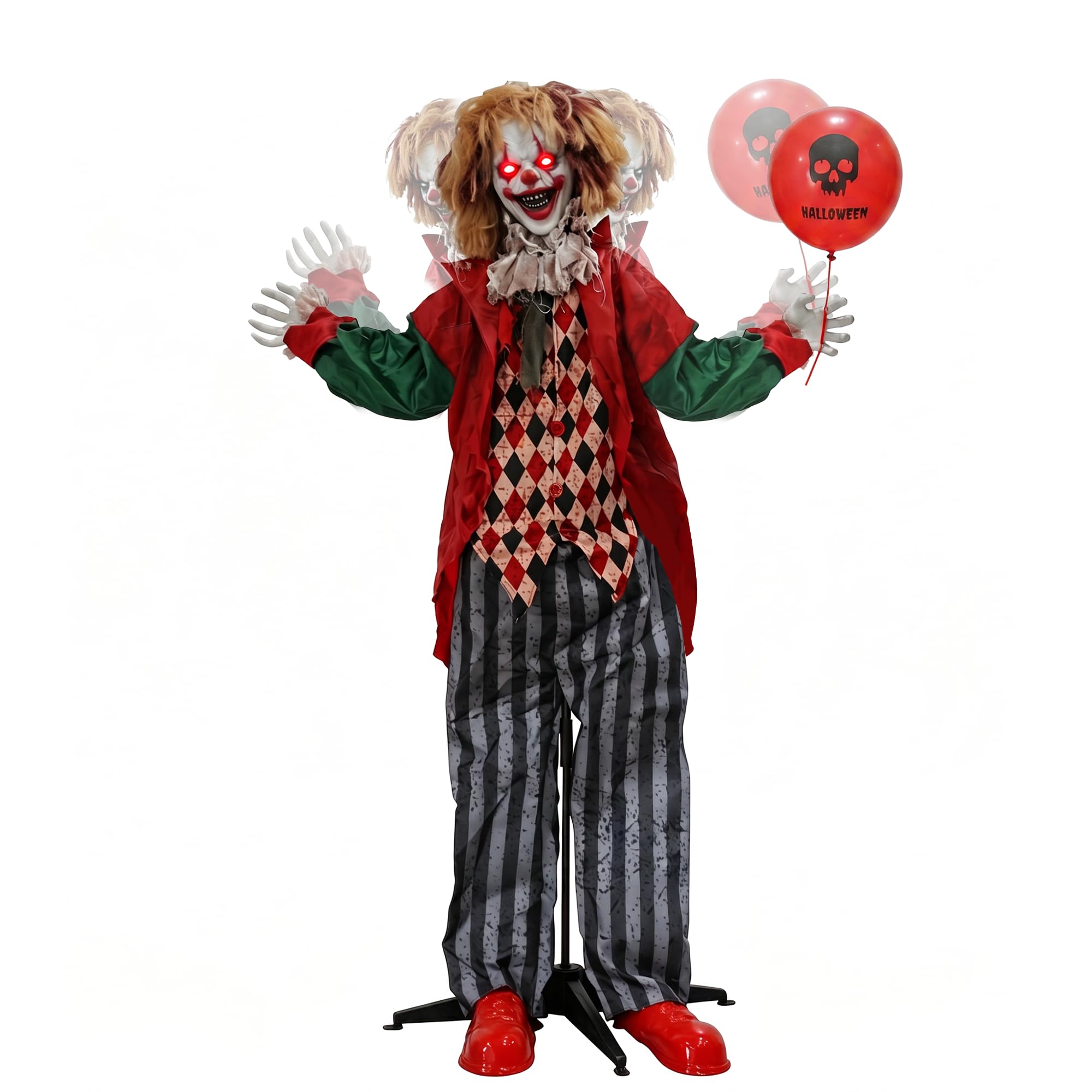 Hourleey Decoraciones de payaso animatrónica de Halloween de 5.3 pies, payaso animado activado por sonido con ojos iluminados, payaso sosteniendo globo para interiores y exteriores, decoración de