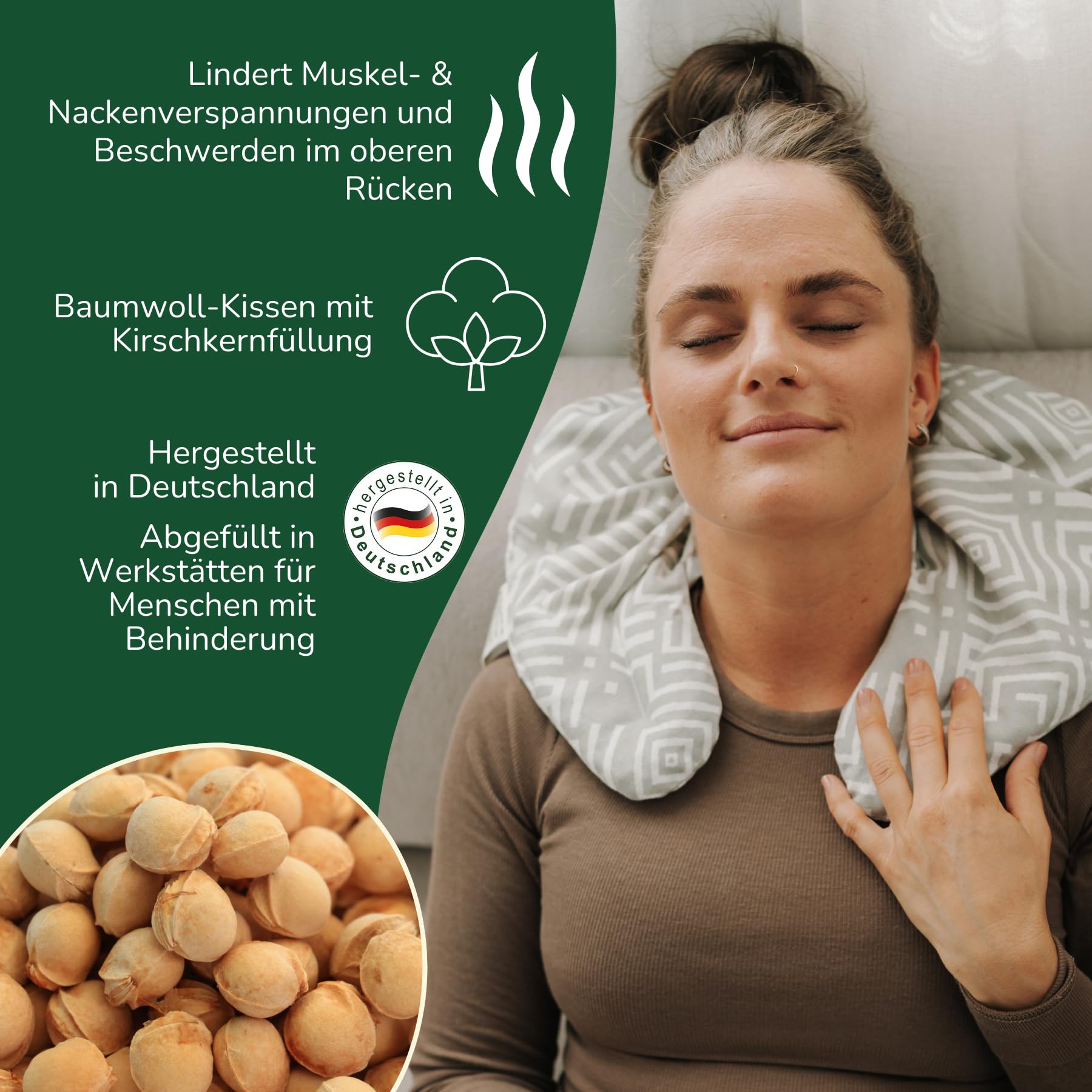 GRÜNSPECHT Kirschkern-Nackenkissen mit Kragen 35x48 cm, Wärmekissen aus Baumwolle, Geschenkbox, für Mikrowelle & Backofen, bei Verspannungen/Beschwerden im Nacken/oberen Rücken (383-V1)