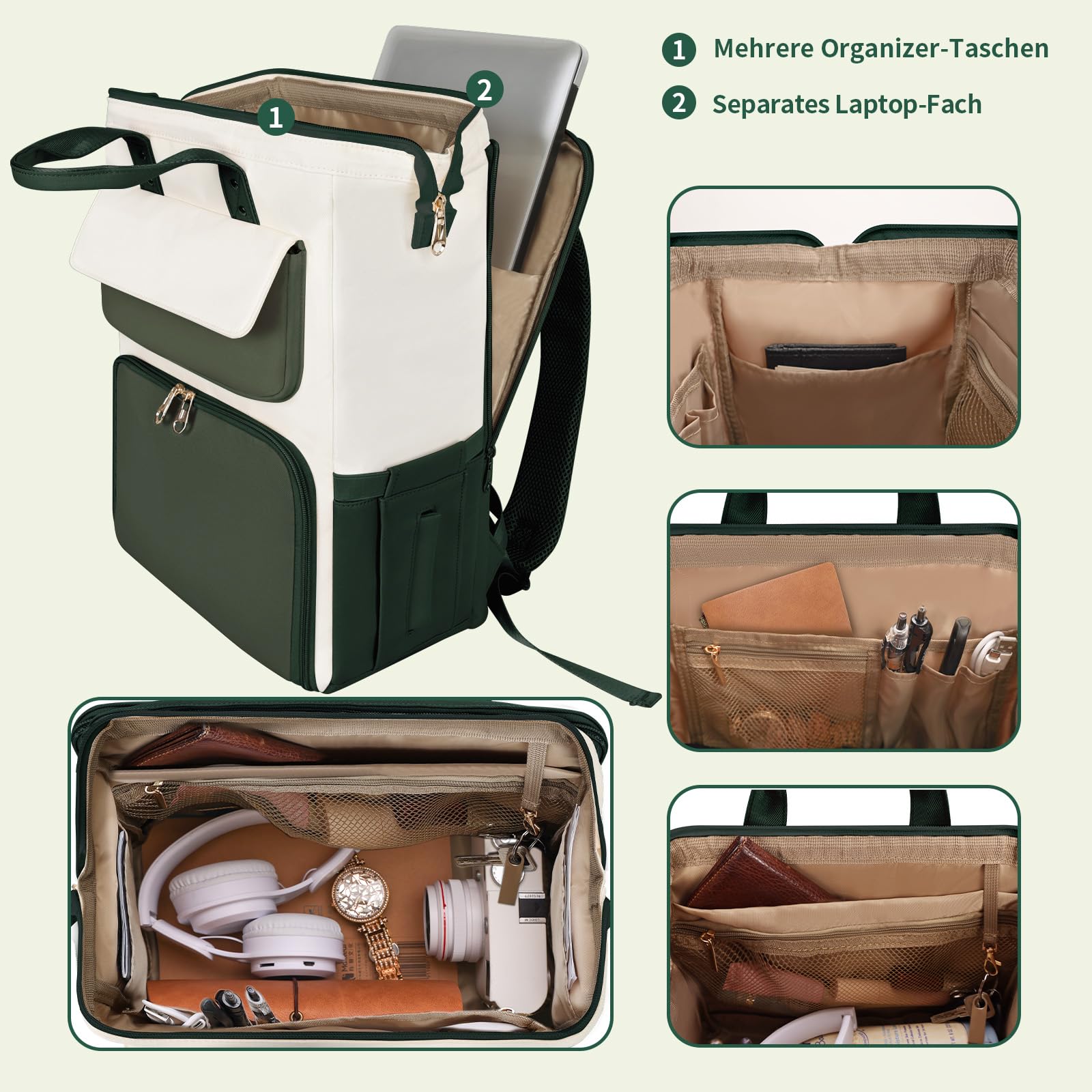 BERTASCHE Sac à dos pour ordinateur portable 17,3" avec sac isotherme 2 en 1 pour femme/travail/affaires/voyage/enseignant/école/université, vert/beige
