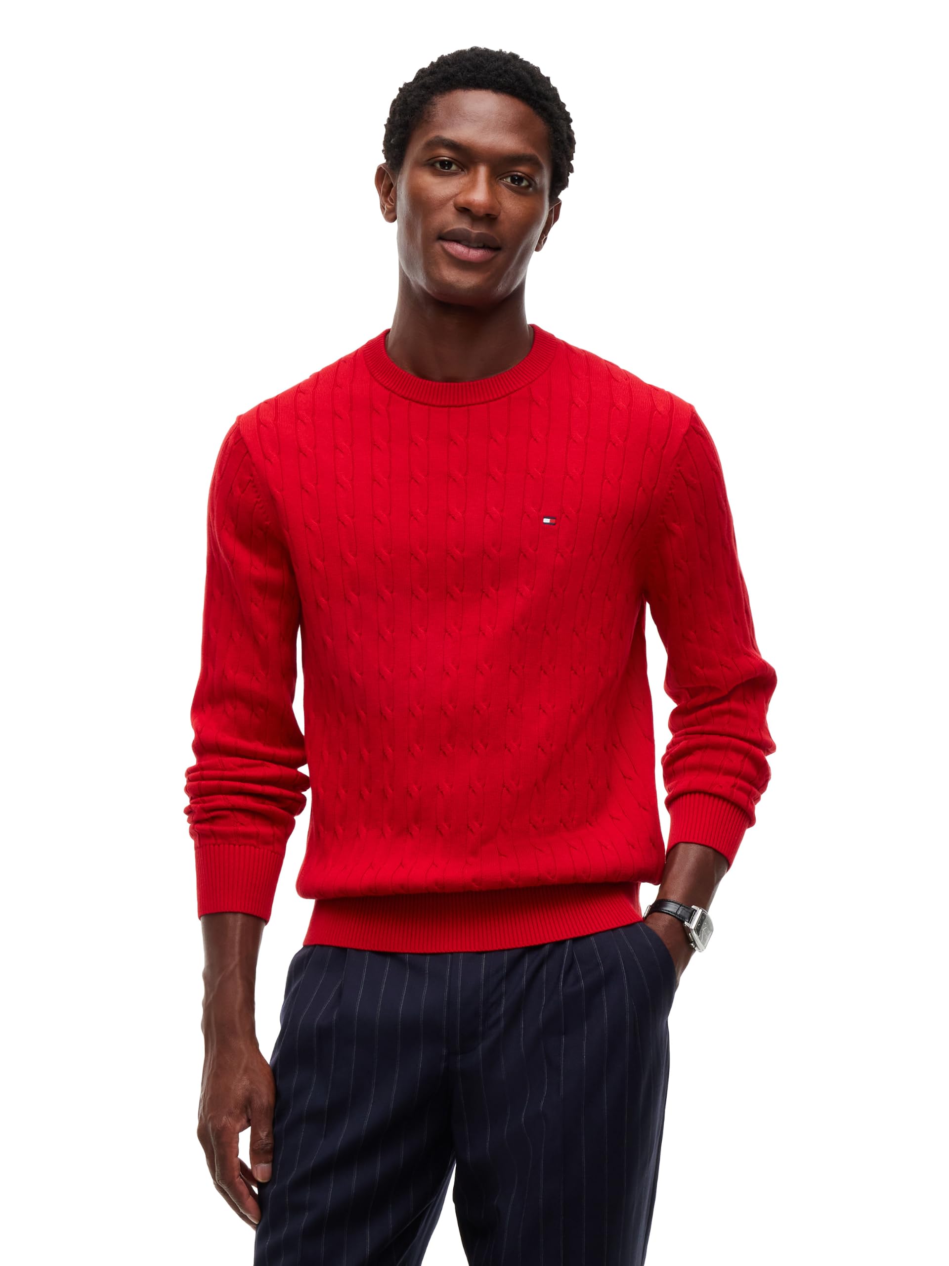Tommy Hilfiger Men's Cable Knit Crewneck Sweater Lightweight Pullover