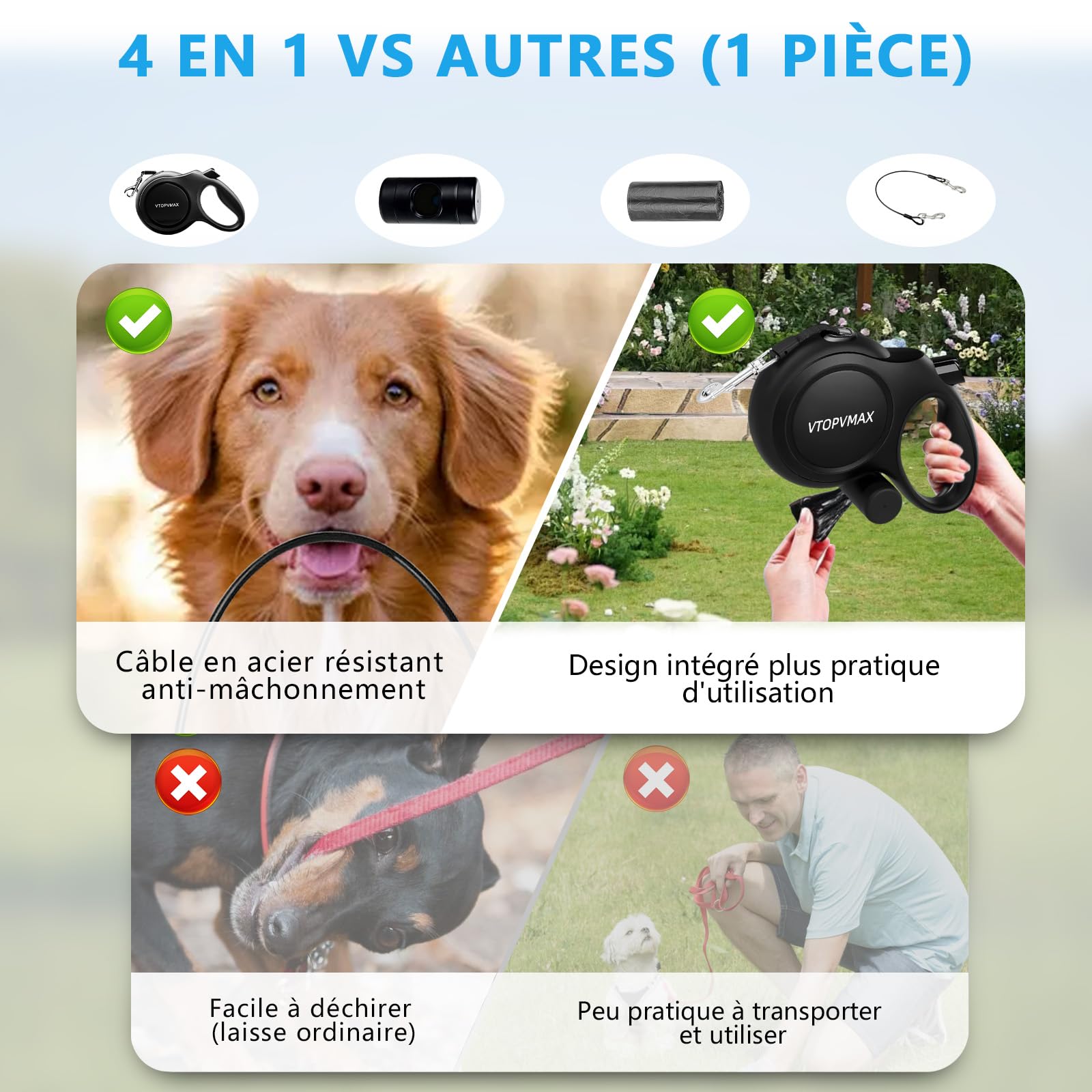 Laisse Chien Enrouleur 8m - pour Chiens de Taille Moyenne/Grande (jusqu'à 50 kg) - Laisse Renforcée avec Câble Anti-Morsure, Distributeur de Sacs à Déjections et Frein à Une Main (Noir)