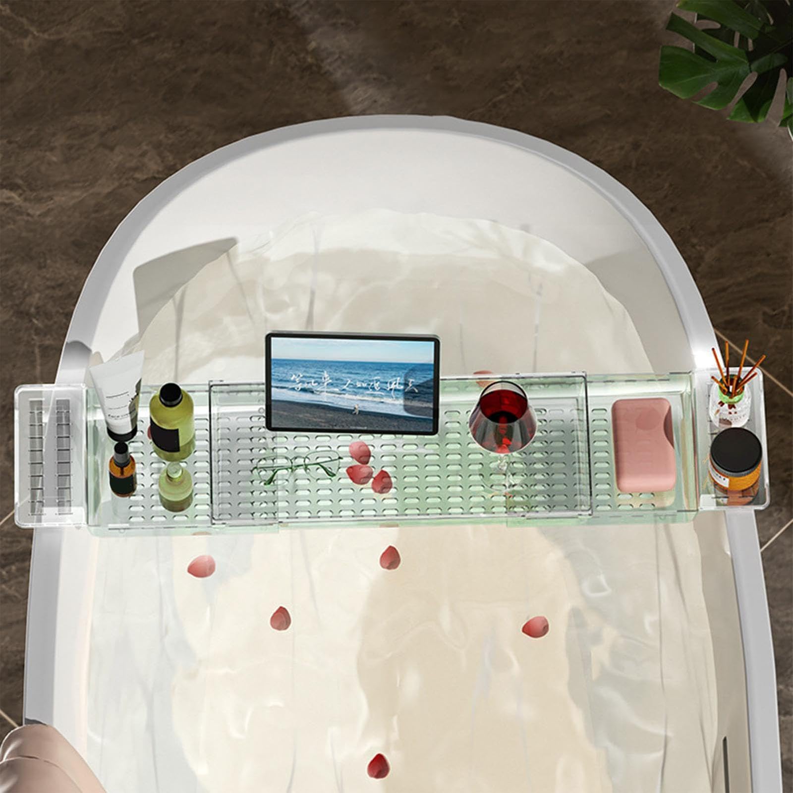 Bandeja ajustable para bañera para bebidas, libros y más, estante de baño perfecto para relajación y ducha, impermeable y diseño