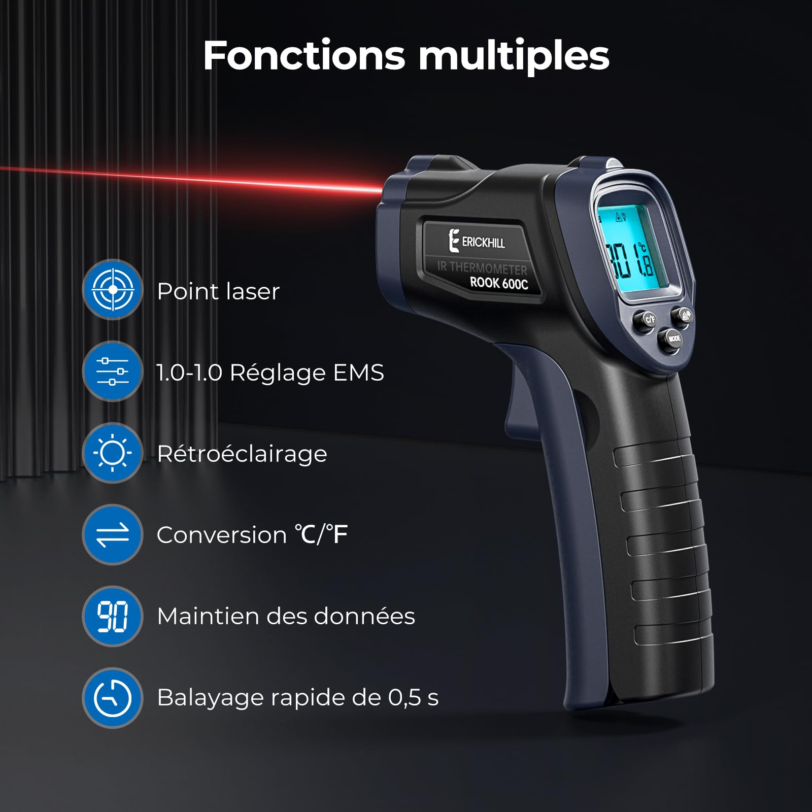 ERICKHILL Thermomètre infrarouge -50 ℃ ~ 600 ℃ Taille compacte Thermomètre laser sans contact Pistolet Écran LCD rétroéclairé Émissivité réglable - pour réparation de véhicules/cuisine/alimentation
