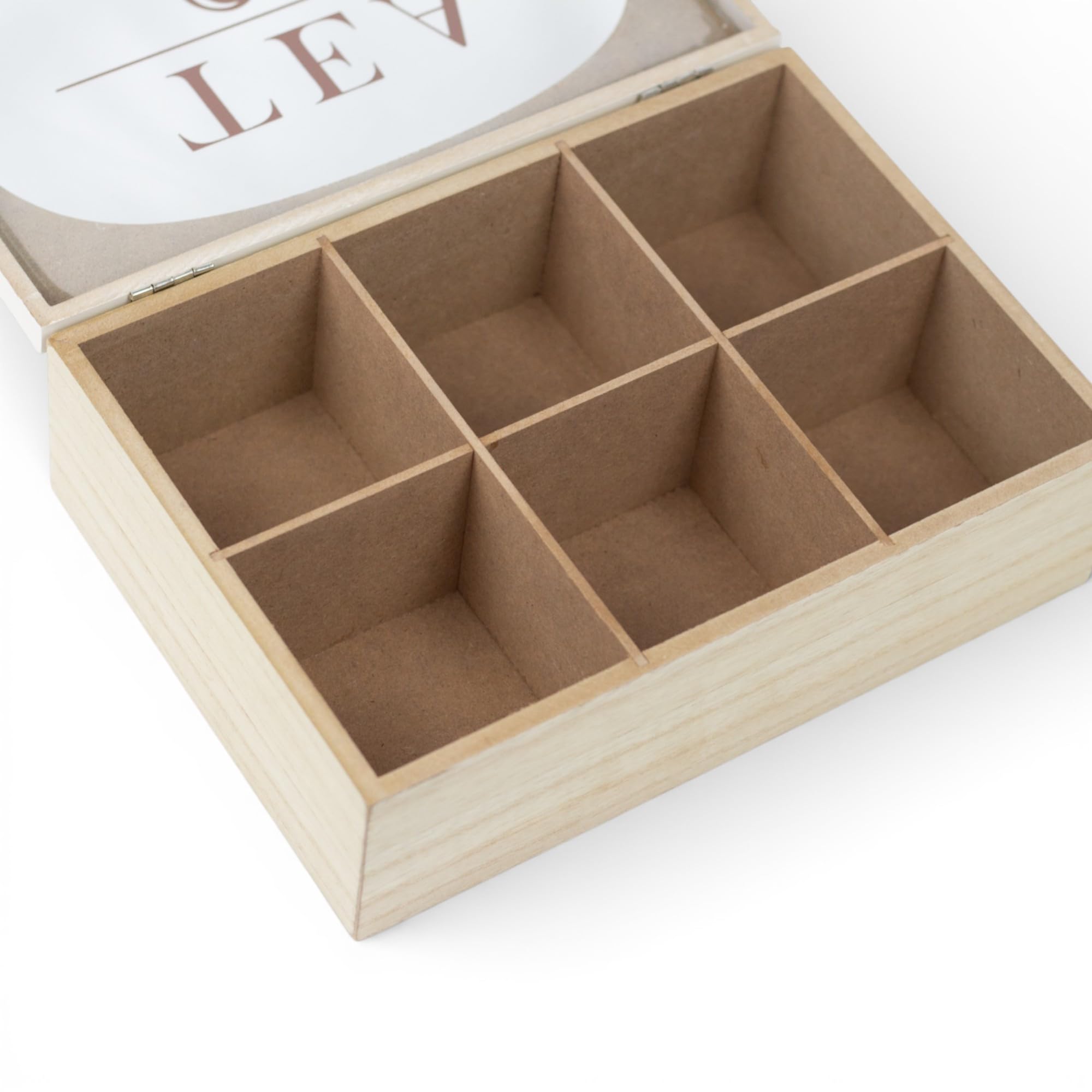 Pincho Organizer für die Küche, Teebox, Teebox mit 6 Fächern, Deckel mit transparentem Fenster, sortierte Teebeutel, Holz, 24 x 16 x 8 cm