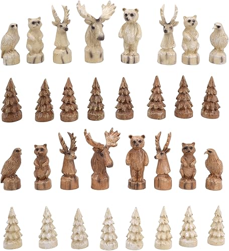 Needzo Juego de ajedrez de madera tallada en el bosque, piezas de vida silvestre hechas a mano, tablero de madera rústica, 15 pulgadas