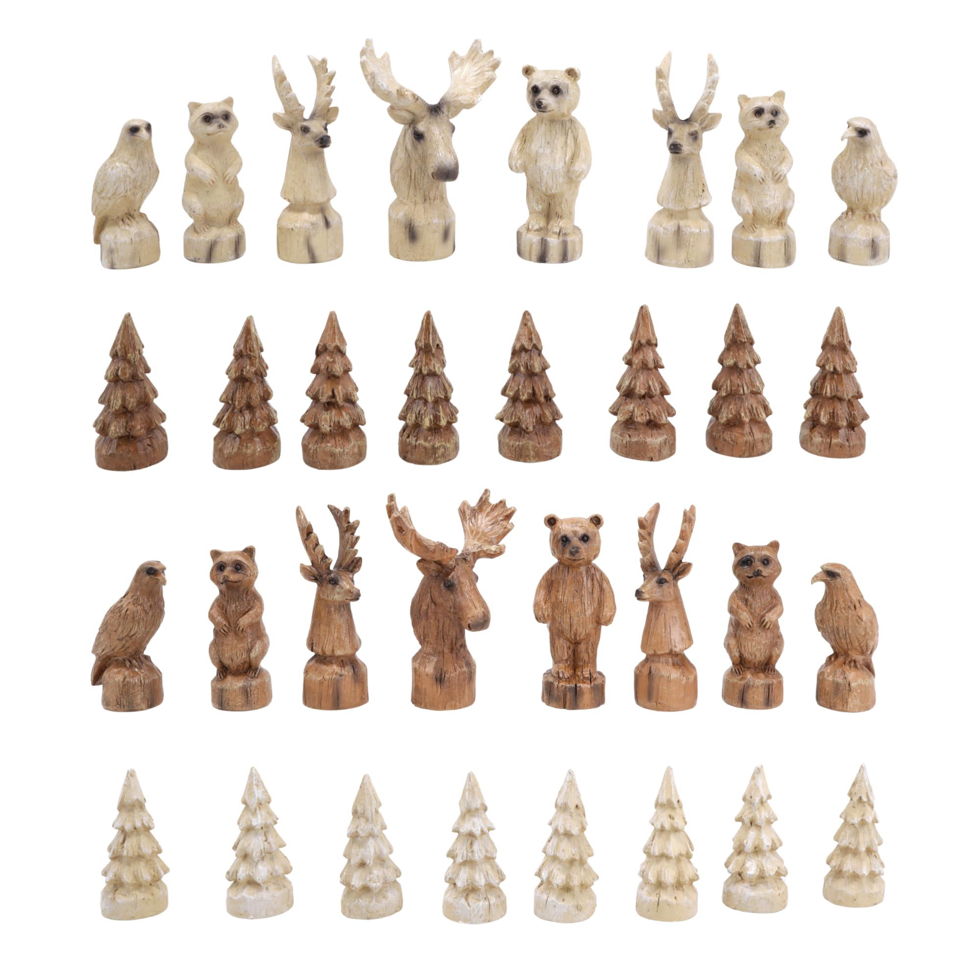 Needzo Forest Carved Wooden Chess Set, Handcrafted Wildlife Pieces, Rustic Wood Board, 15-inch