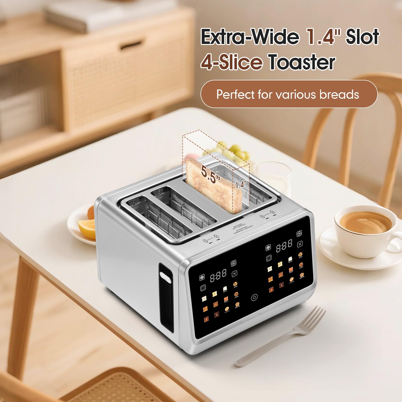 Toster 4 Slice, Digital Smart Toster with TouchScreen, Dual Control Panel, Single Slot Toasting, timer, Reheat & Defrost for Bagels, Bread, Waffles, Kitchen Essentials