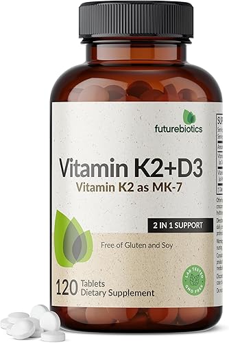 Futurebiotics Vitamin K2 with D3, 2 in 1 Support, 5000 IU Vitamin D3 & 90 mcg Vitamin K2 MK-7 Non-GMO, 120 Tablets
