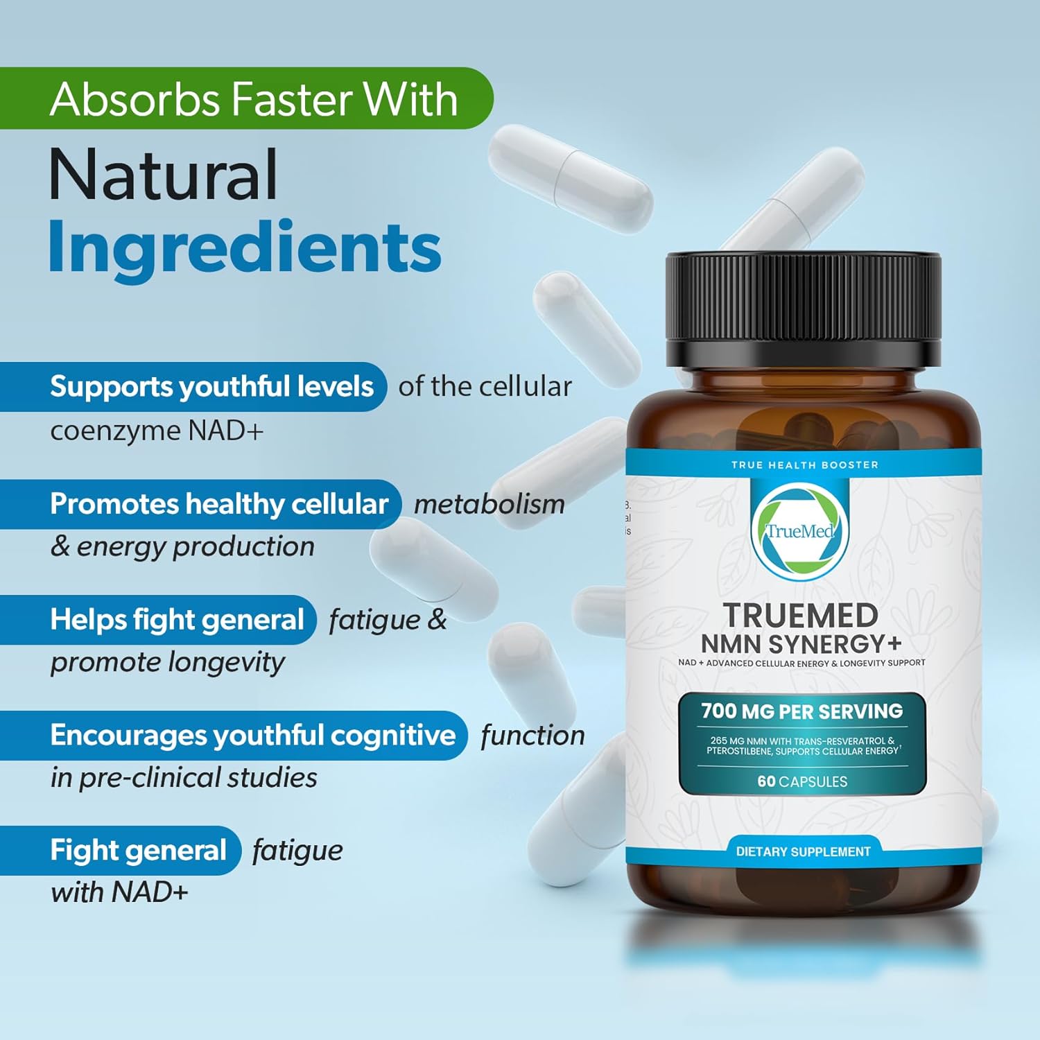 NMN Synergy+ 700mg – Premium NMN Supplement with Resveratrol & Pterostilbene | Advanced NAD+ Supplement for Cellular Energy, & Wellness Support | Non-GMO, Vegan, 60 Capsules