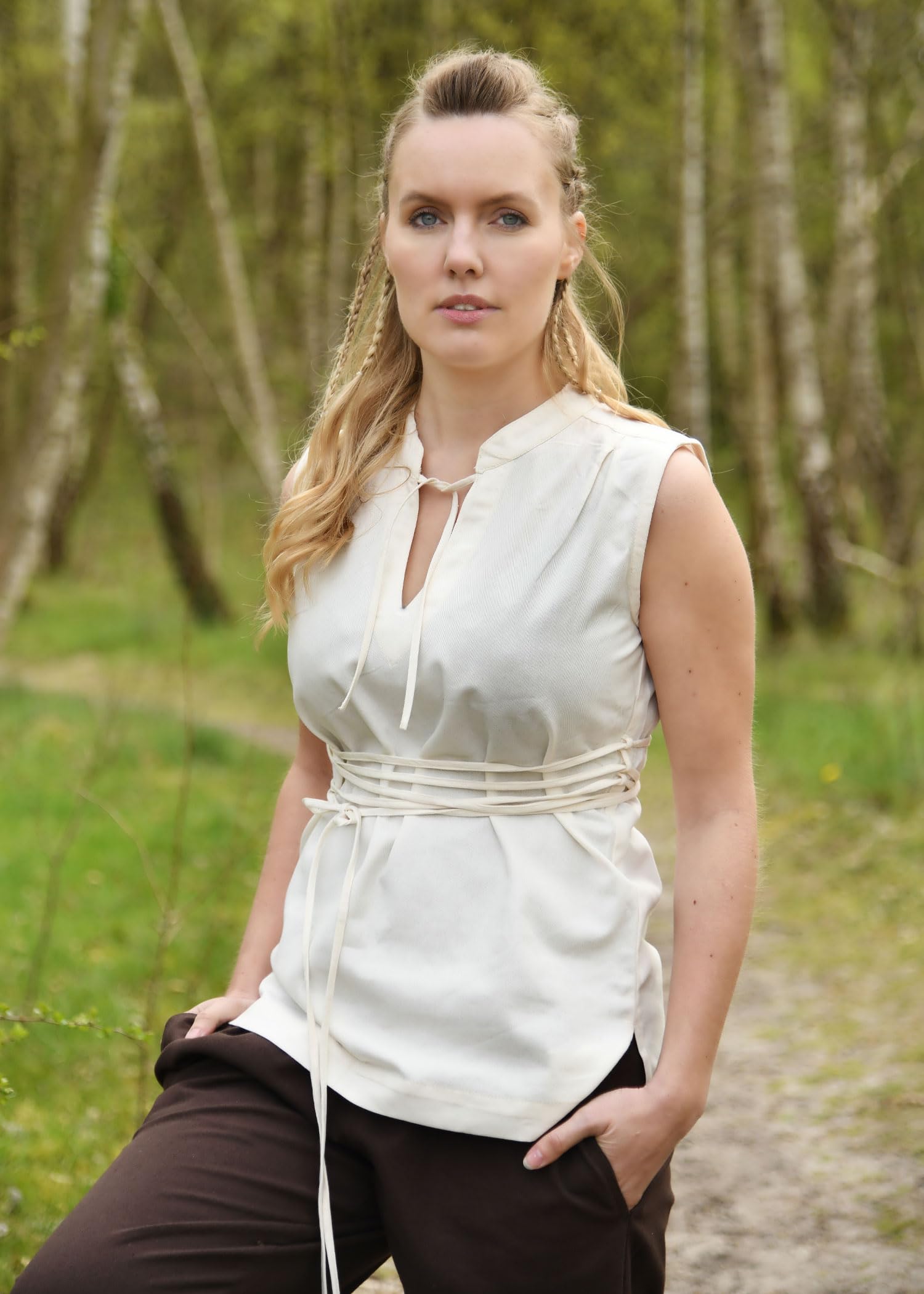 Battle-Merchant - Sleeveless Medieval Blouse Levke Shirt with Lacing, Shield Maid Outfit, Garb, LARP, Viking, Pirate, natural, L - Image 2