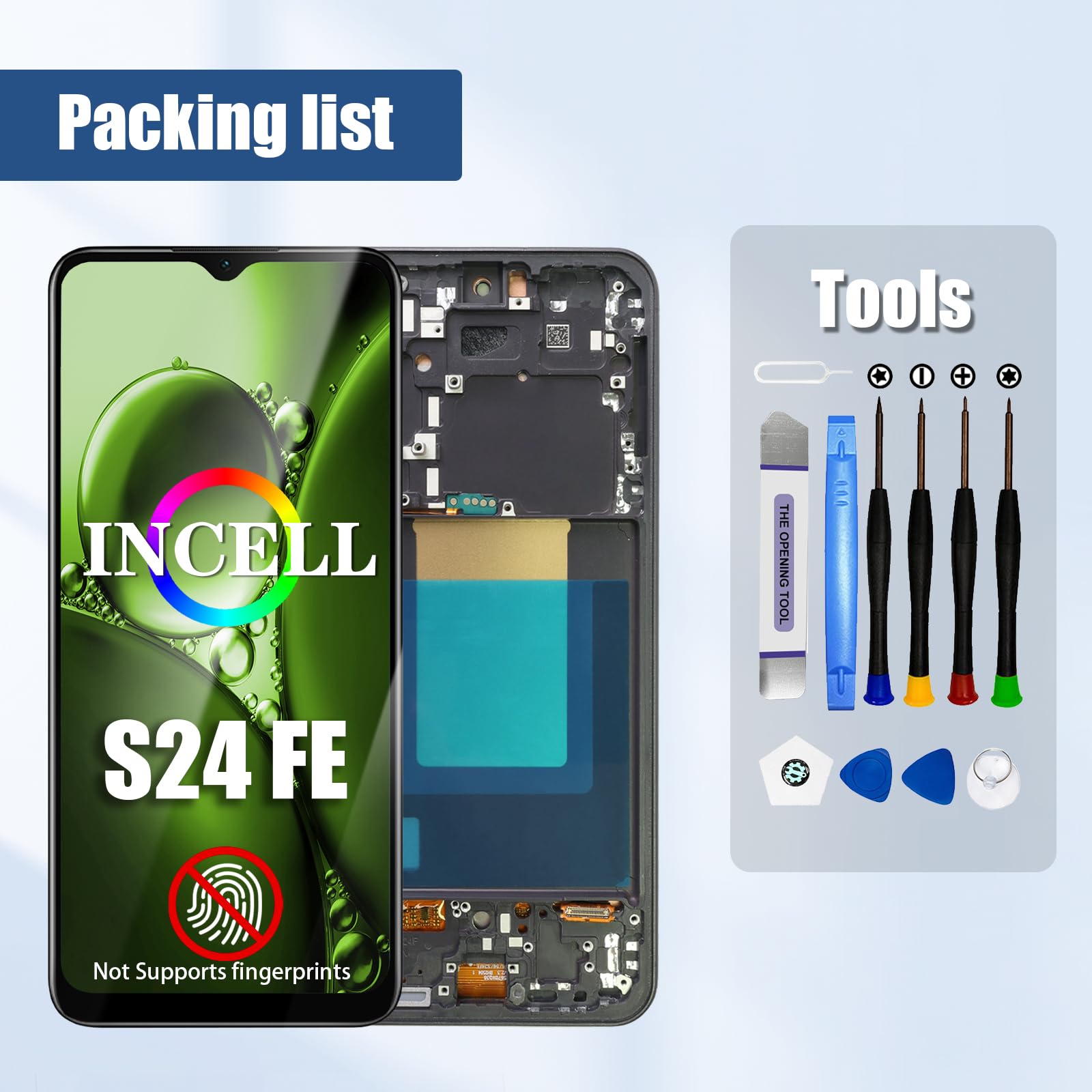 DTD LCD-Bildschirm für Samsung Galaxy S24 FE für Galaxy S24 FE 5G LCD-Touchscreen-Digitizer-Ersatzmontage mit Reparaturset (Schwarz mit Rahmen, ohne Fingerabdruckerkennung)