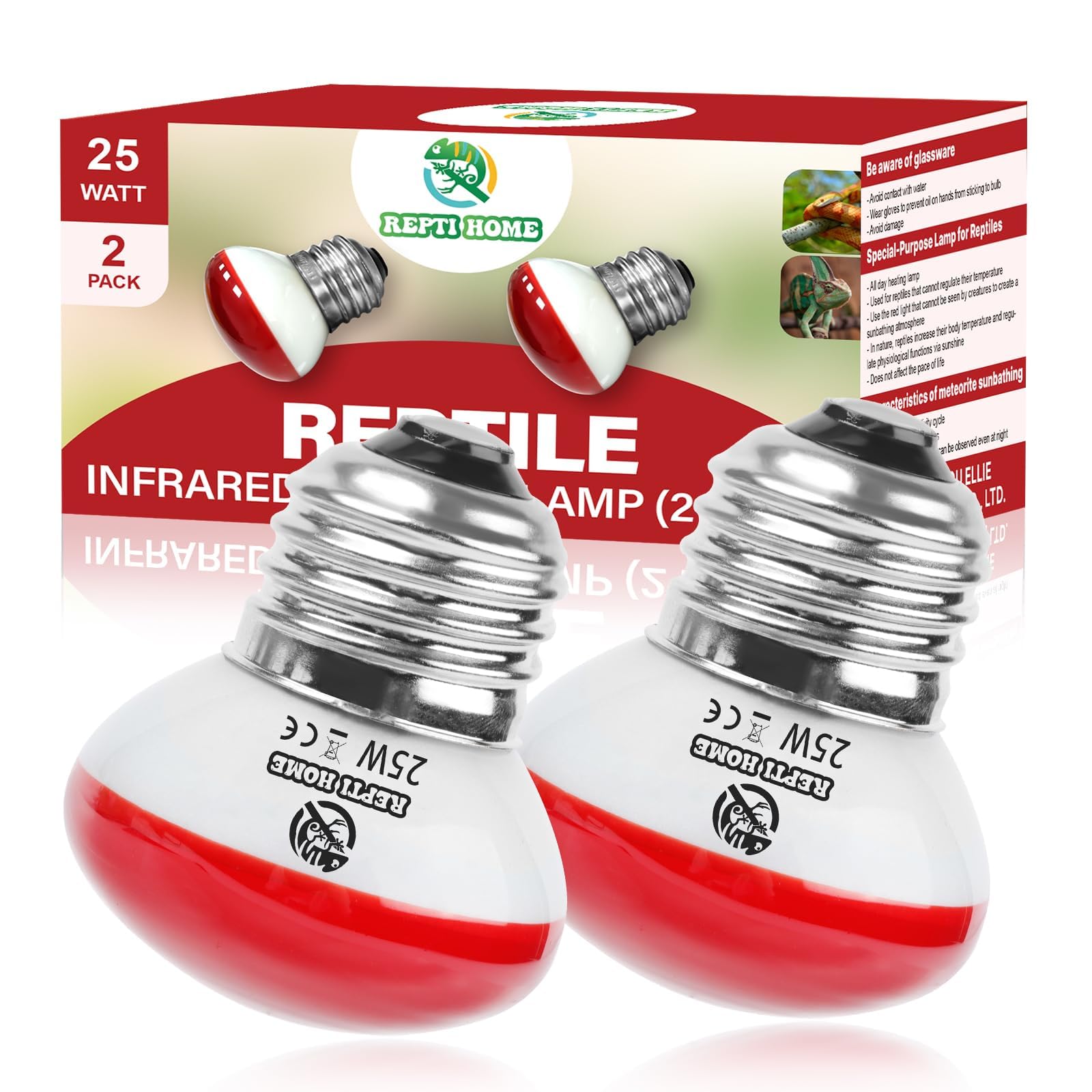 REPTI HOME Infrarotlampe Reptilien Wärmelampe, Rotlicht Basking Spot Lampe 25W 2 Stück, E27 Terrarium Heizung Lampe for Schlange, Eidechse, Bartagame, Schildkröte