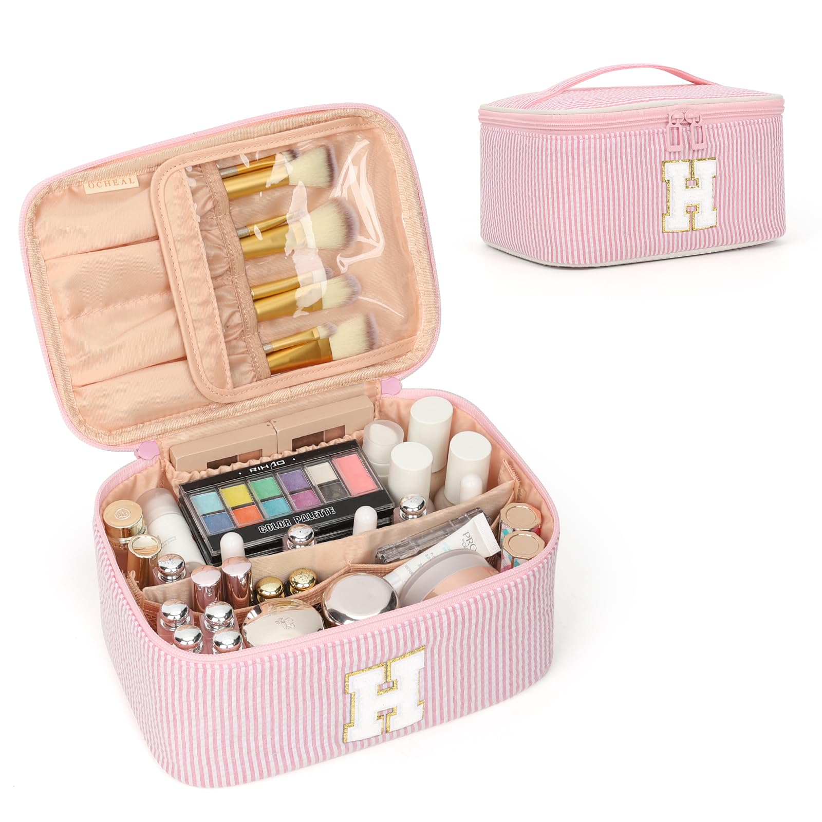 OCHEAL Makeup Bag Valentines Day Gifts for Women, Monogram Cosmetic Bag Pink Travel Makeup Case Beauty Toiletry Bag Organizer Personalized Gifts for