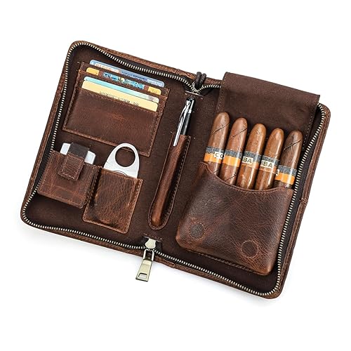 CONTACTS Full Grain Leather Cigar Case Travel Cigars Humidor Box